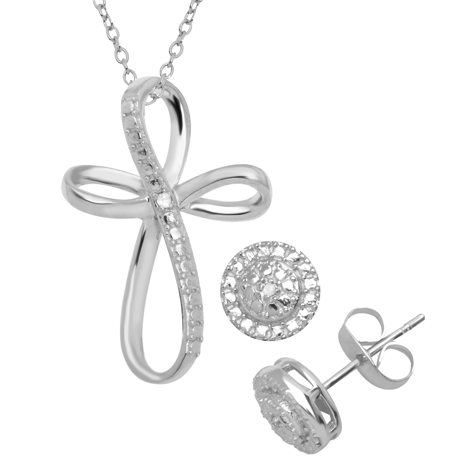 Fine Silver Plated Diamond Accent Swirl Cross Set Fine Silver Plated Diamond Accent Swirl Cross Set