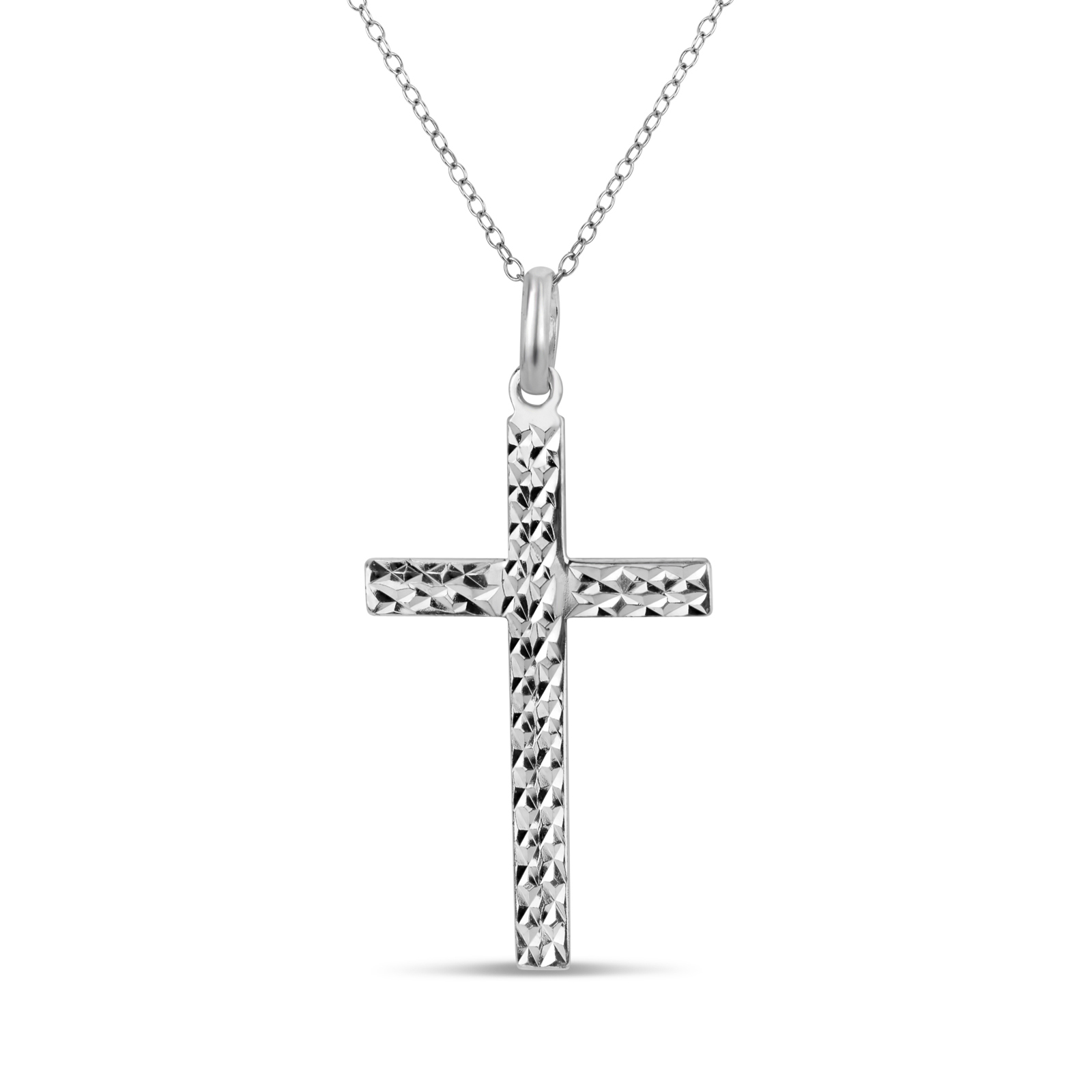 Sterling Silver Diamond Cut Cross Pendant, 18 Inch Chain