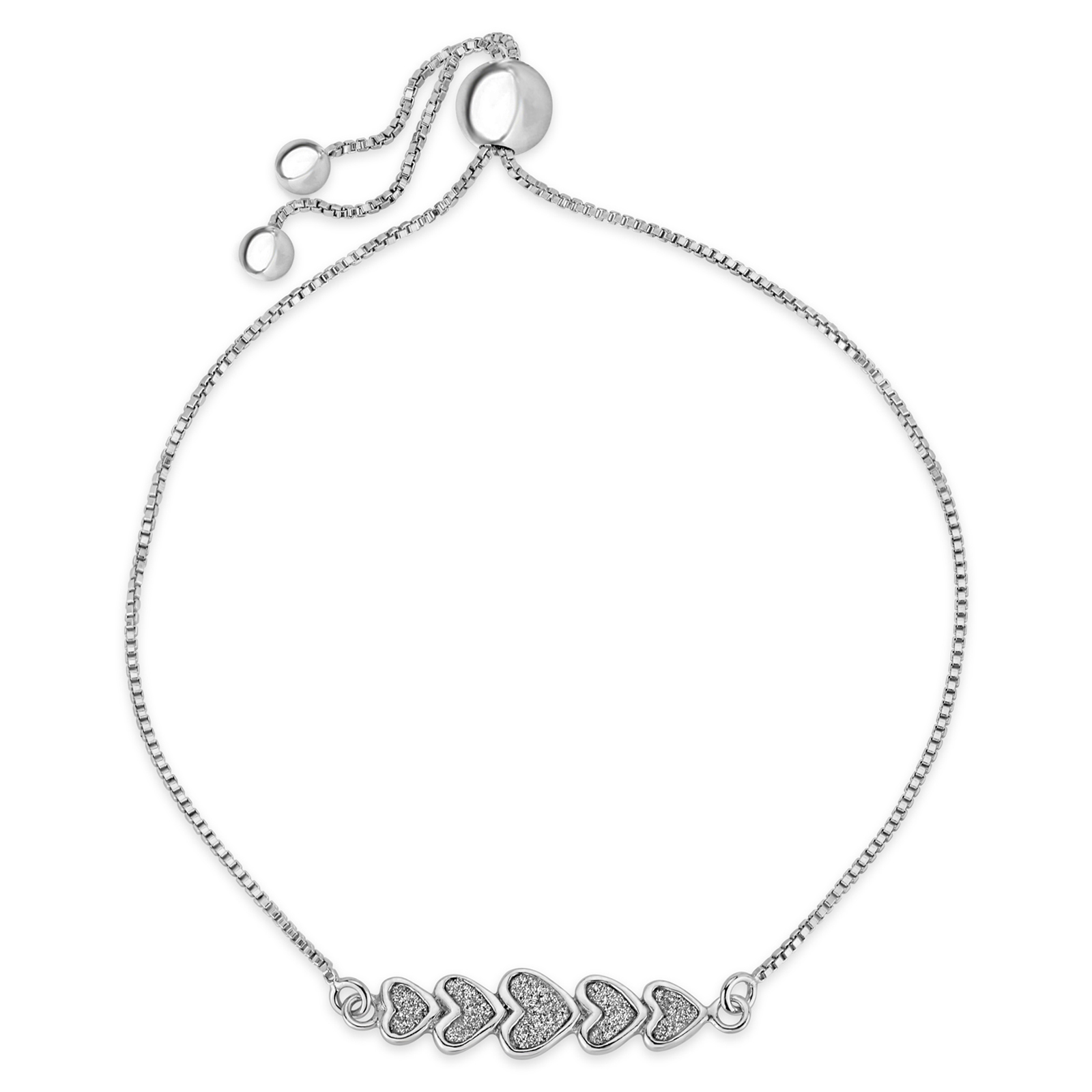Sterling Silver Multi Heart Glitter Bolo Bead Adjustable Bracelet, 7-10 Inch
