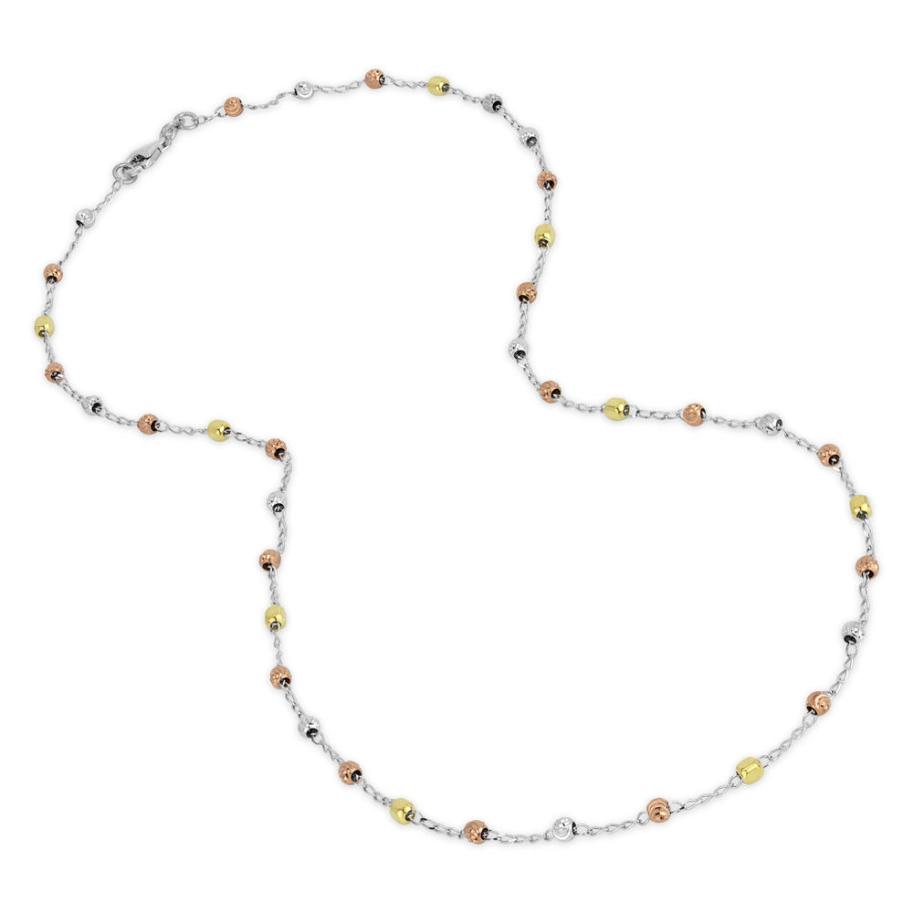 Sterling Silver Tri Tone Grooved Beaded Chain, 20 Inch