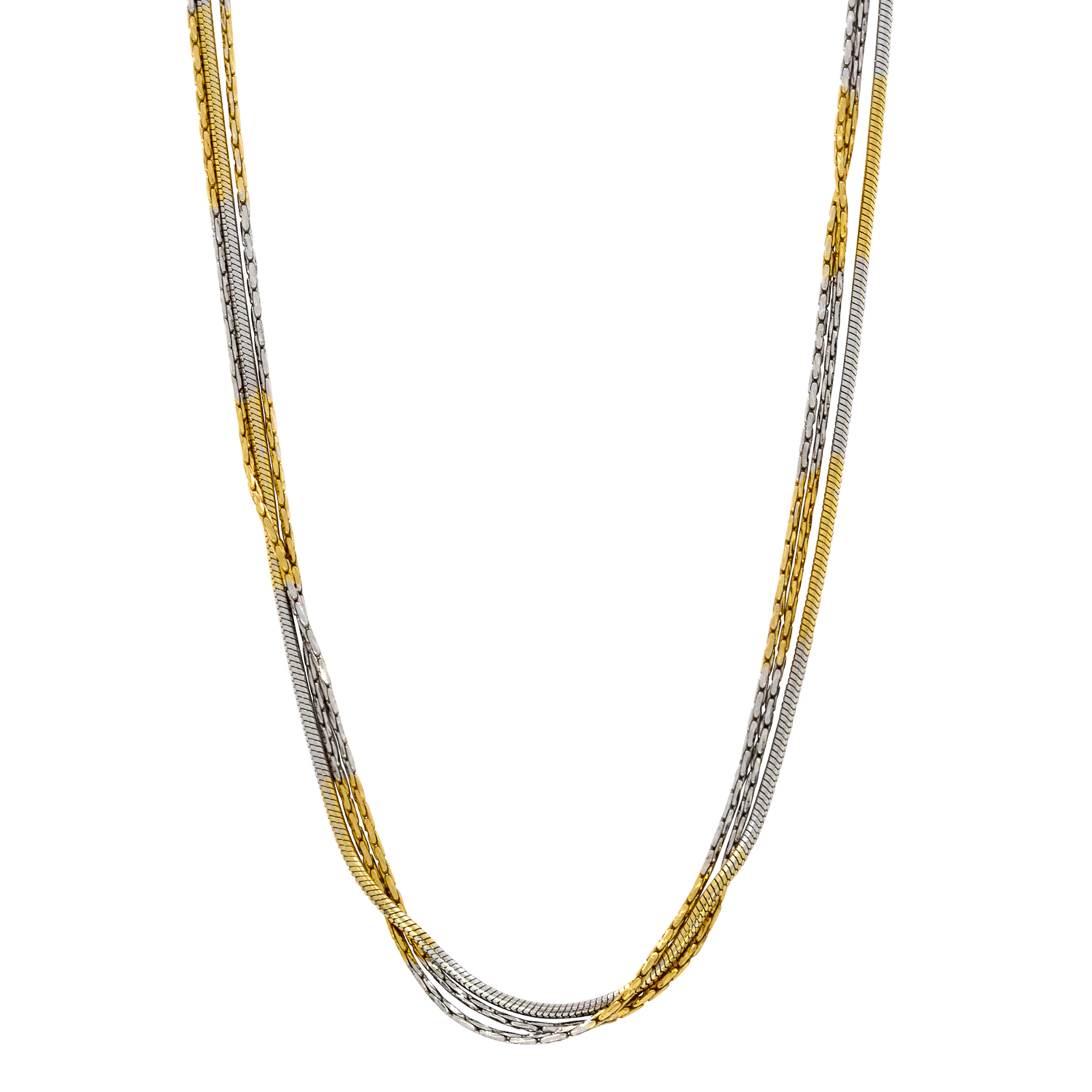 Sterling Silver Two Tone Yellow and Rhodium Triple Snake Strand 17 plus 2 Inch Necklace