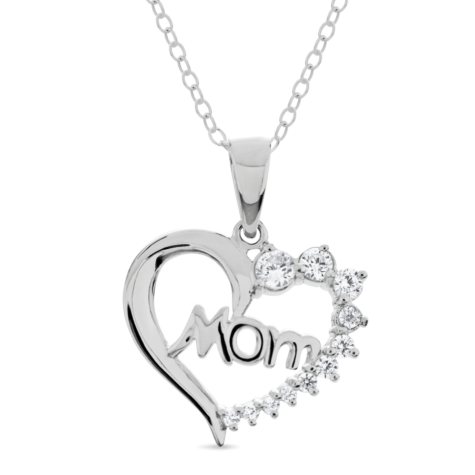 Sterling Silver Cubic Zirconia Mom Heart Pendant, Clear Sterling Silver Cubic Zirconia Mom Heart Pendant, Clear