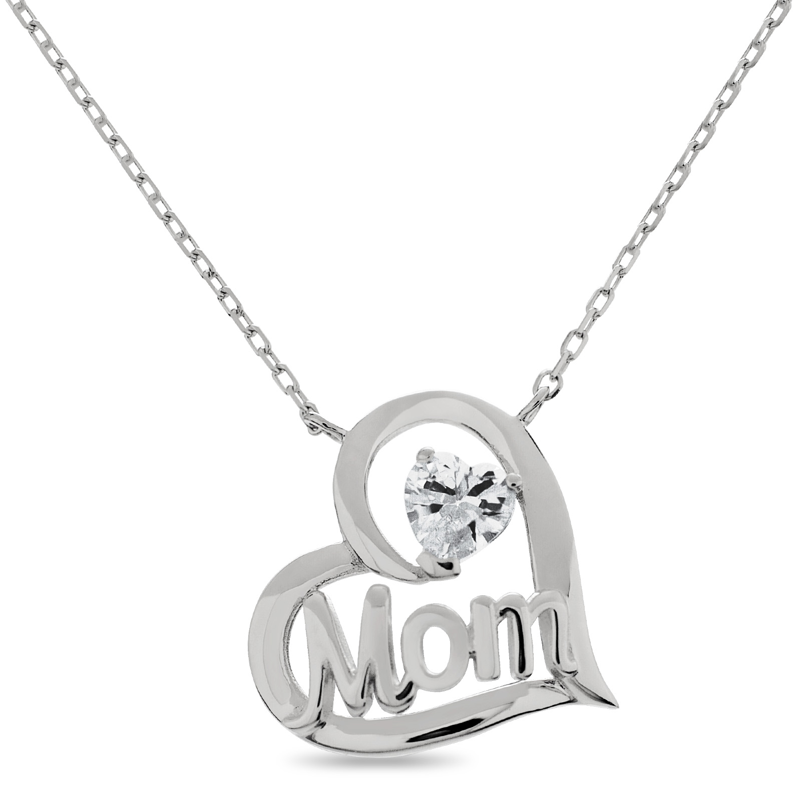 Sterling Silver Cubic Zirconia Mom Heart Necklace, Clear Sterling Silver Cubic Zirconia Mom Heart Necklace, Clear