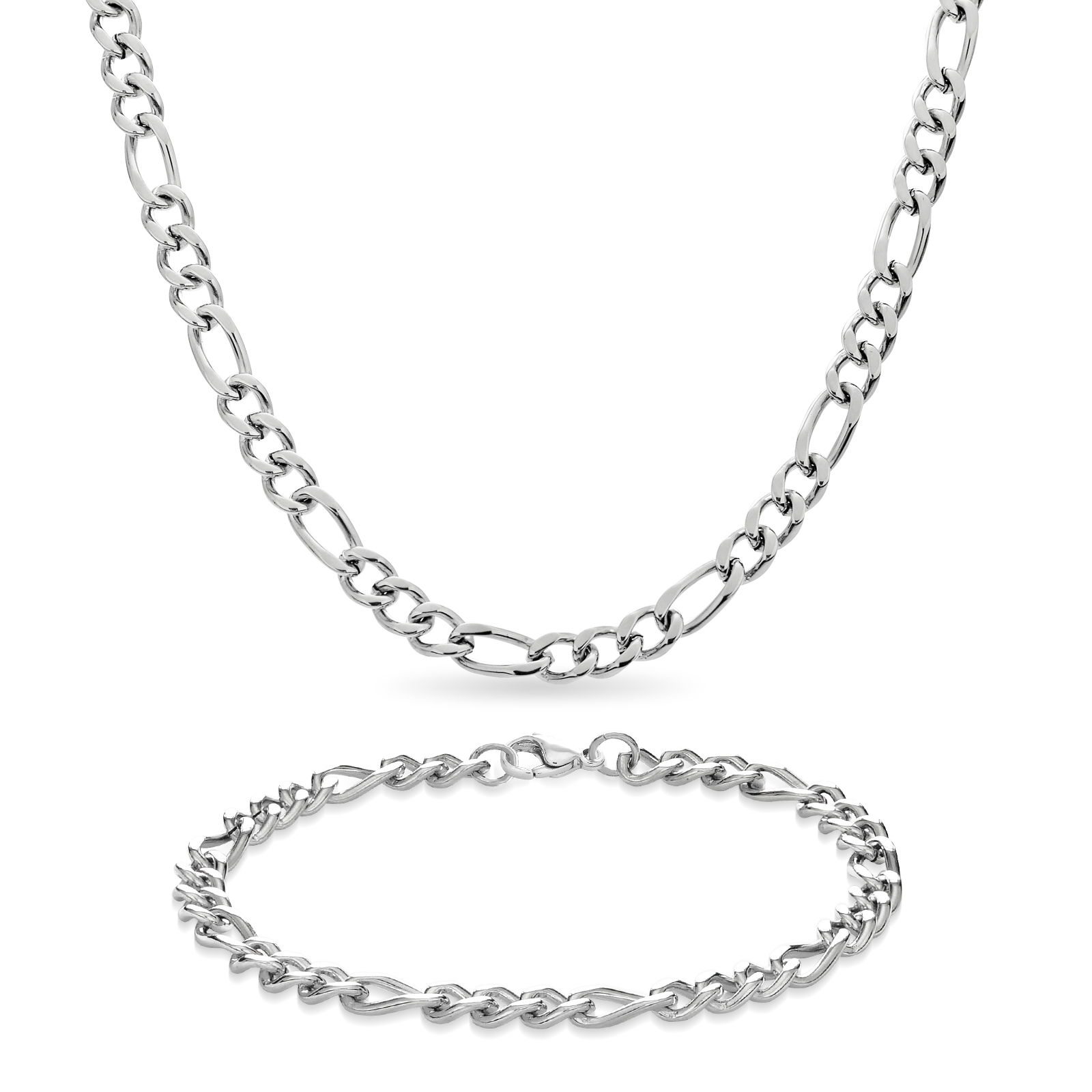 Stainless Steel Figaro Chain and Bracelet Two Piece Set