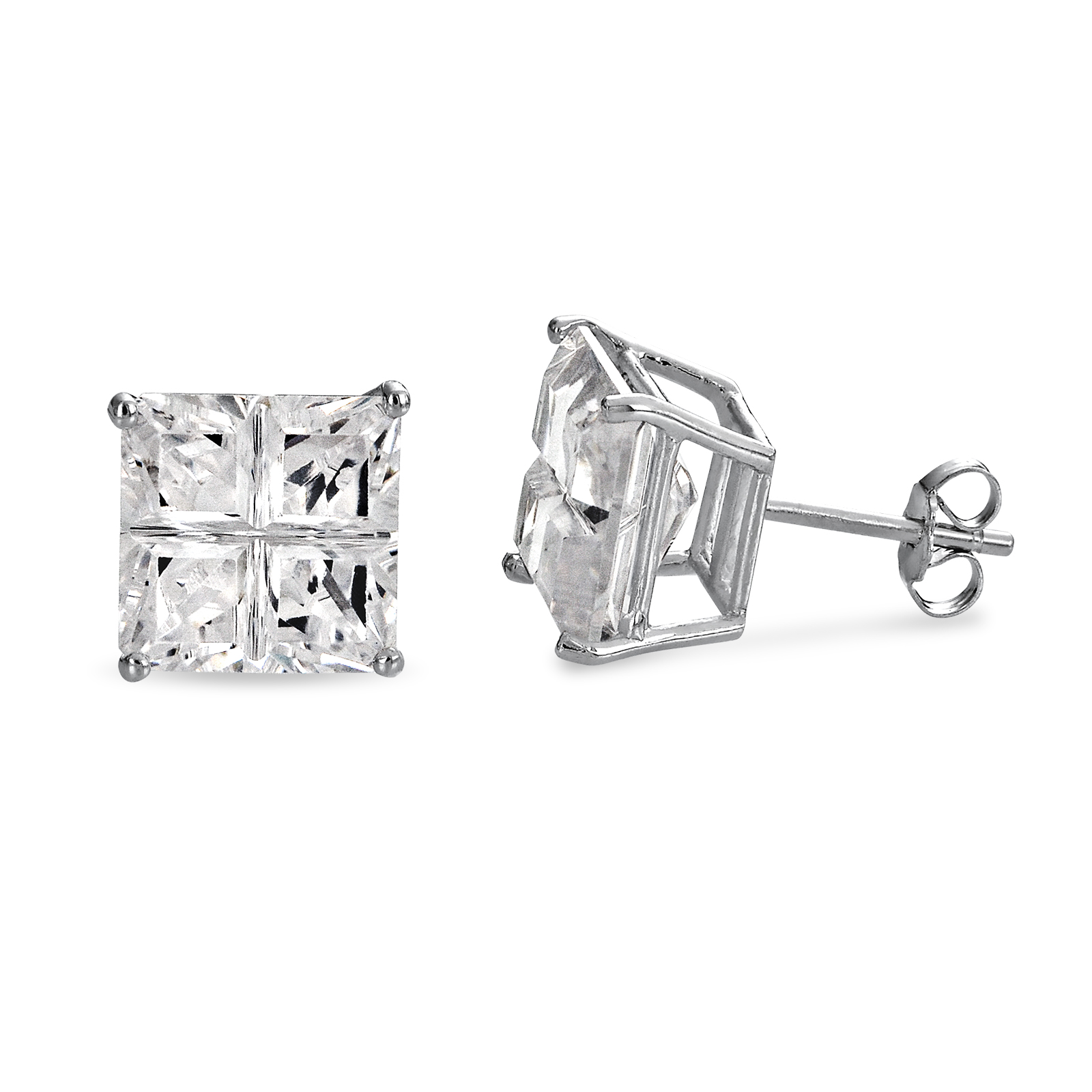Sterling Silver Rhodium 10mm Cubic Zirconia Square Stud Earrings