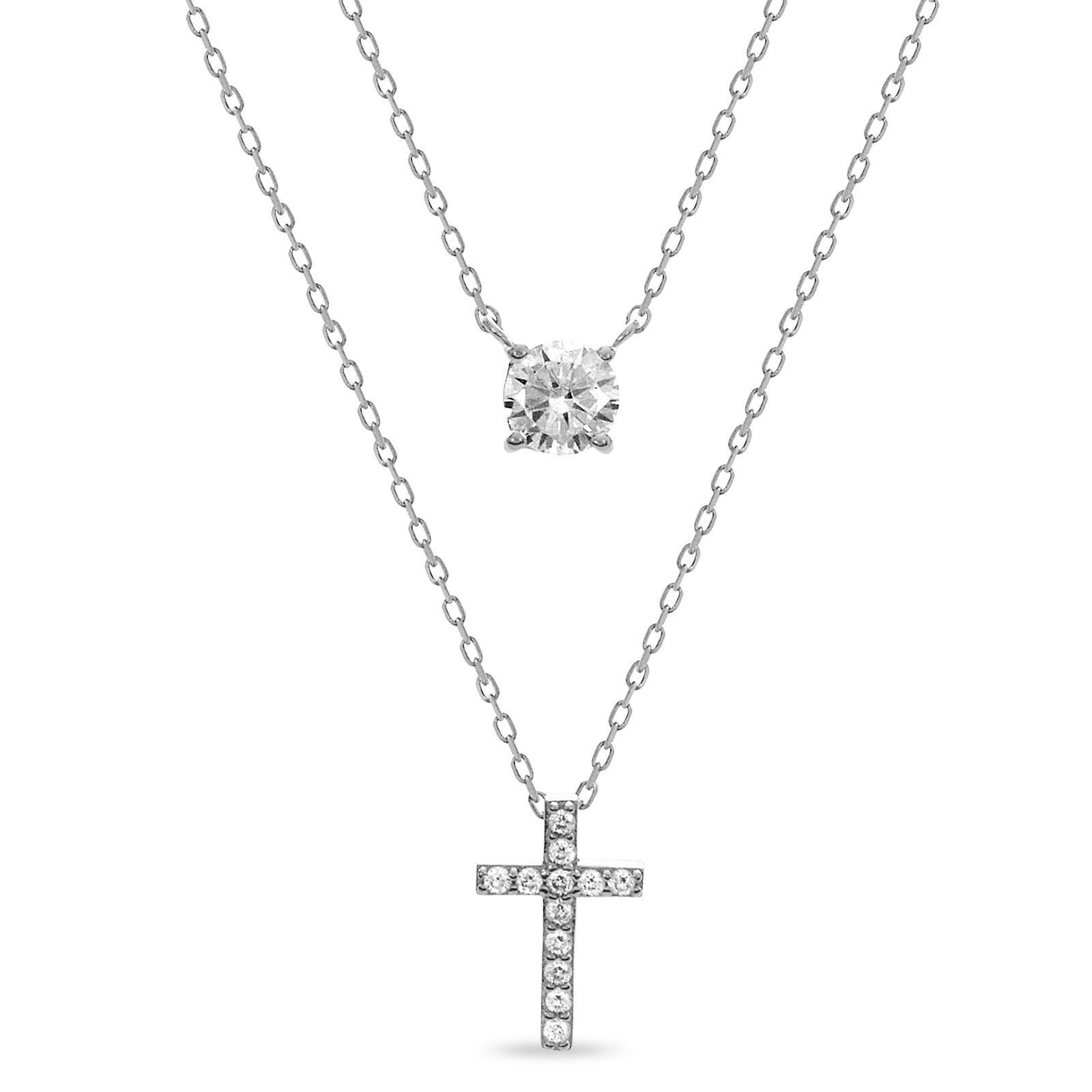 Sterling Silver Cubic Zirconia Cross and 6mm Round Cubic Zirconia Layered Necklace, 18-20 Inch Chain, White Sterling Silver Cubic Zirconia Cross and 6mm Round Cubic Zirconia Layered Necklace, 18-20 Inch Chain, White