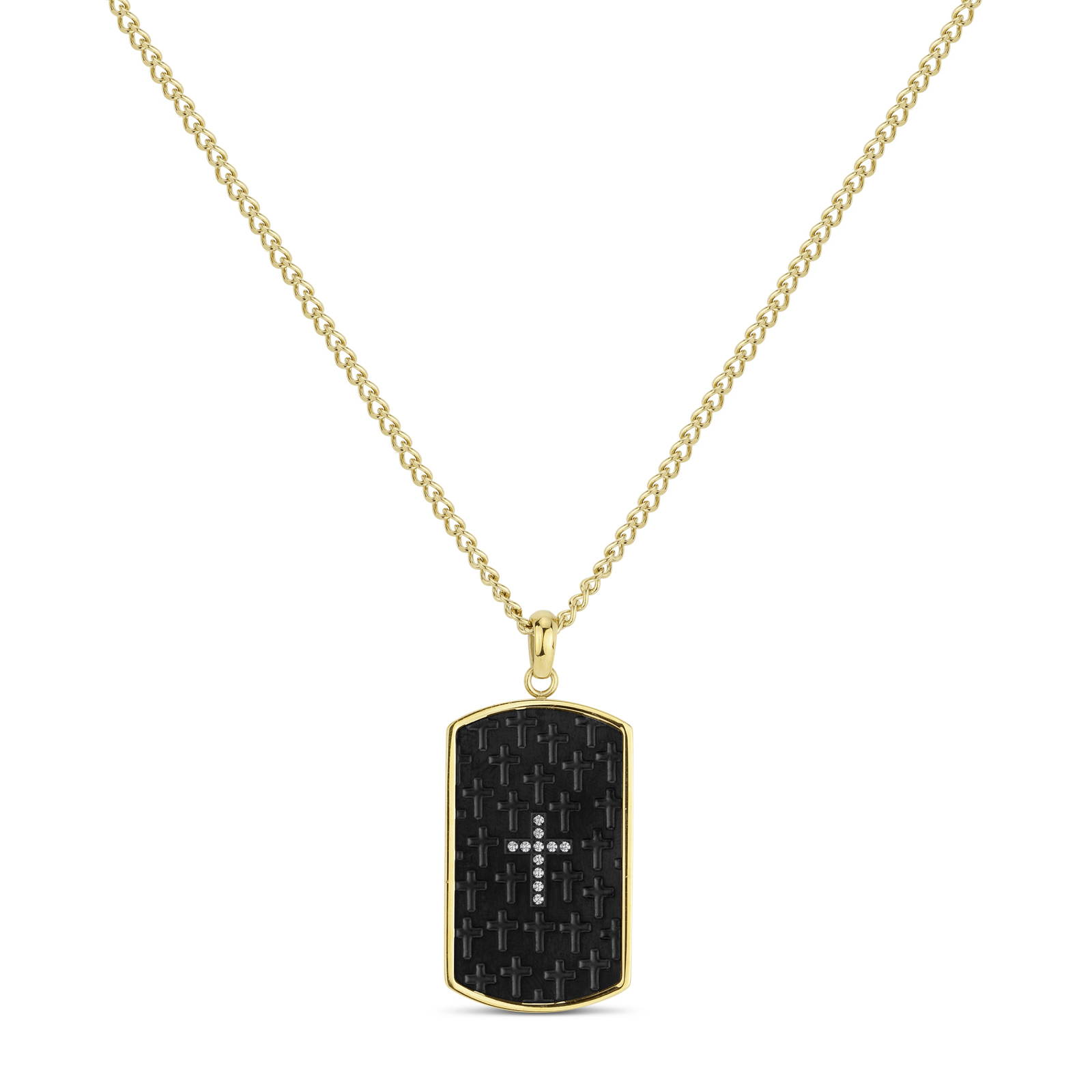 Stainless Steel Black and Gold Ionic Plate Dog Tag with Cubic Zirconia Cross Pendant, 24 Inch Curb Chain