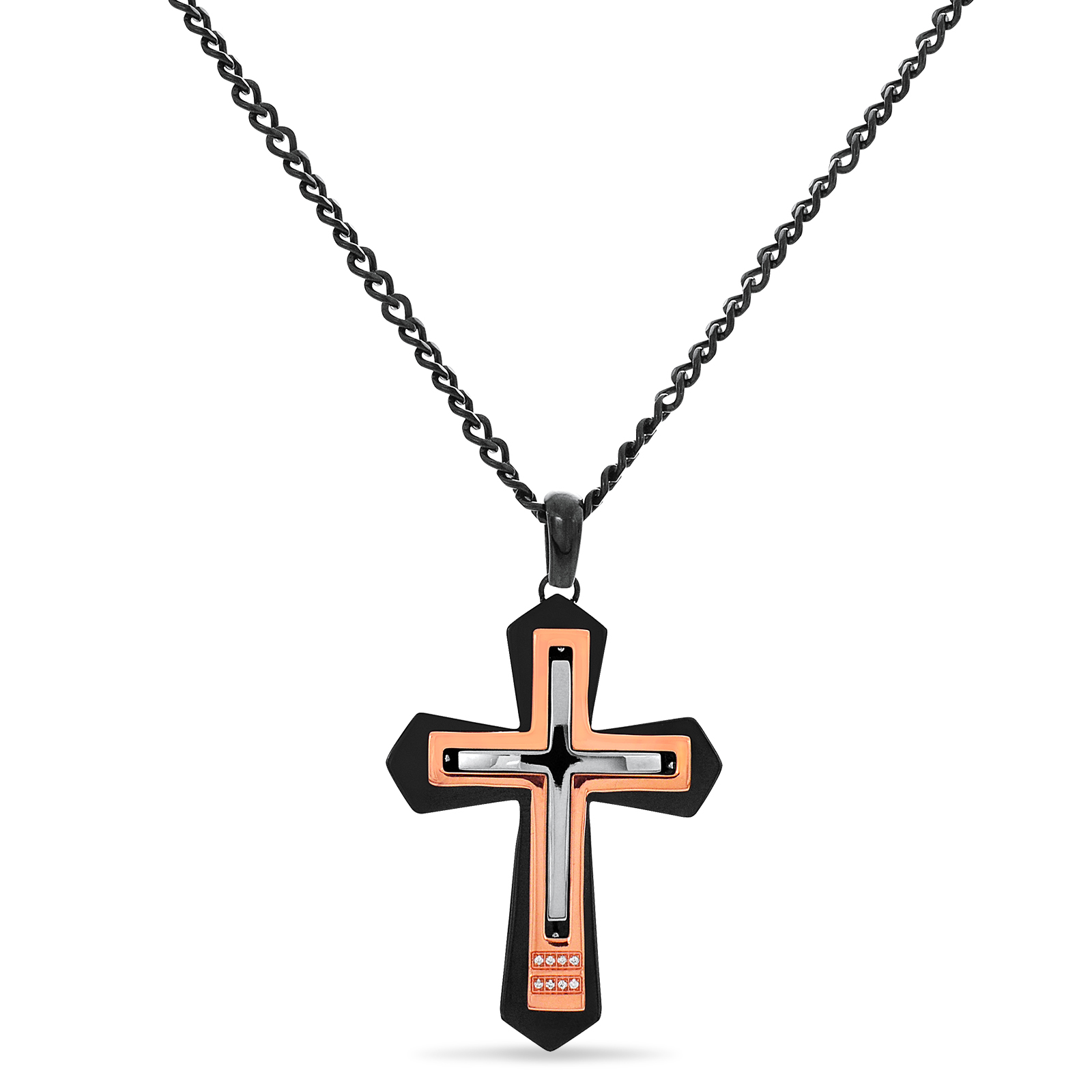 Stainless Steel Tricolor Cross with Cubic Zirconia Pendant 24 Inch Curb Chain, White Stainless Steel Tricolor Cross with Cubic Zirconia Pendant 24 Inch Curb Chain, White