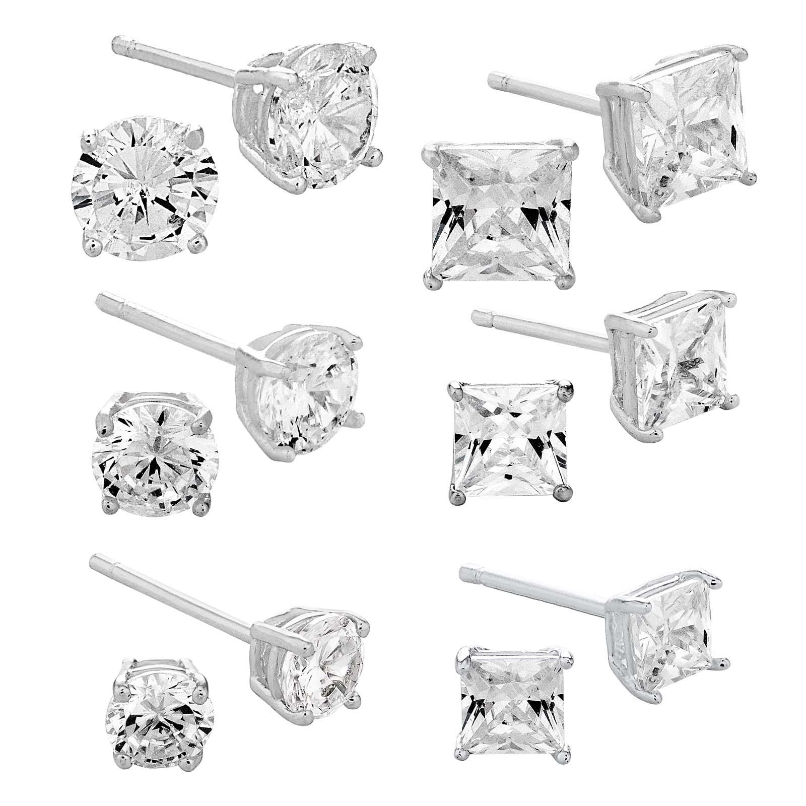 Sterling Silver 6 Piece Cubic Zirconia 4-5-6mm Round and Square Stud Earring Set