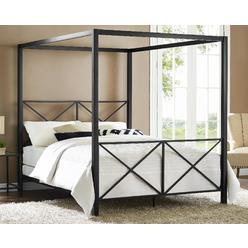 Dorel Home Furnishings Dorel DHP Rosedale Metal 4 Poster Canopy Bed with Crisscross Headboard and Footboard - Queen (Black)