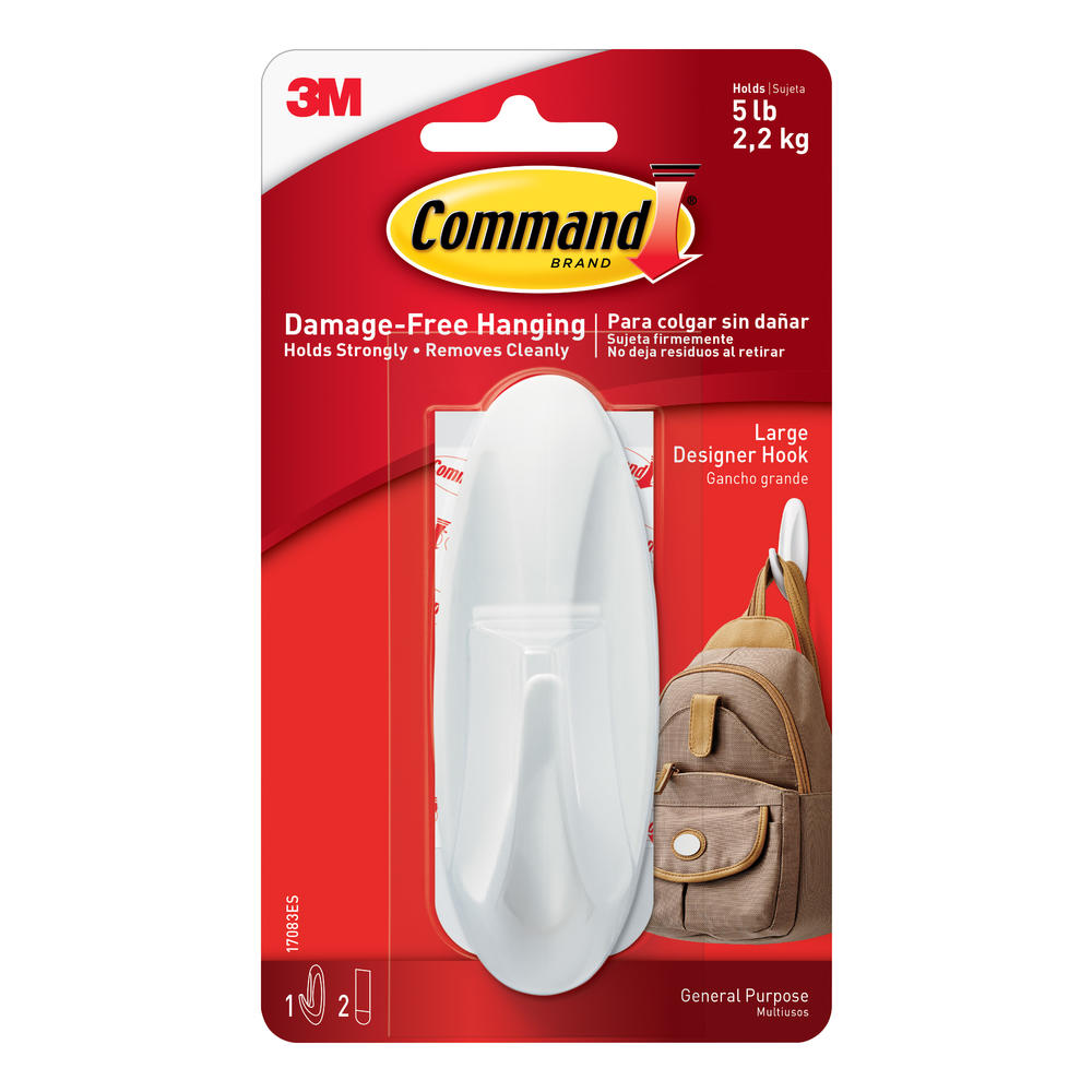 Command &#8482; Large Designer Hook, White, 1 Hook, 2 Strips/Pack