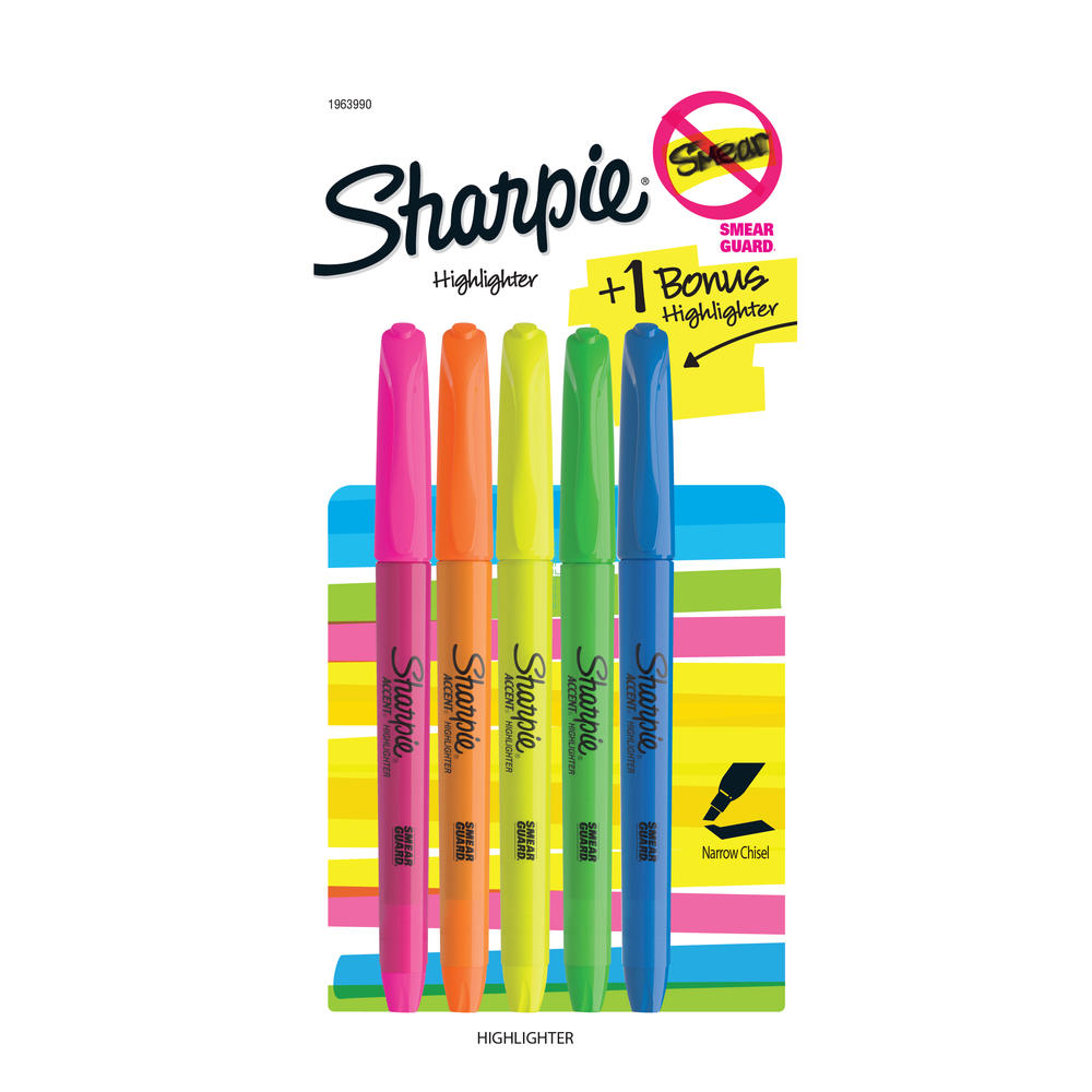 Sharpie 1963990 Pocket Highlighters, Chisel Tip, Assorted Fluorescent, 4 + 1 Bonus Pack