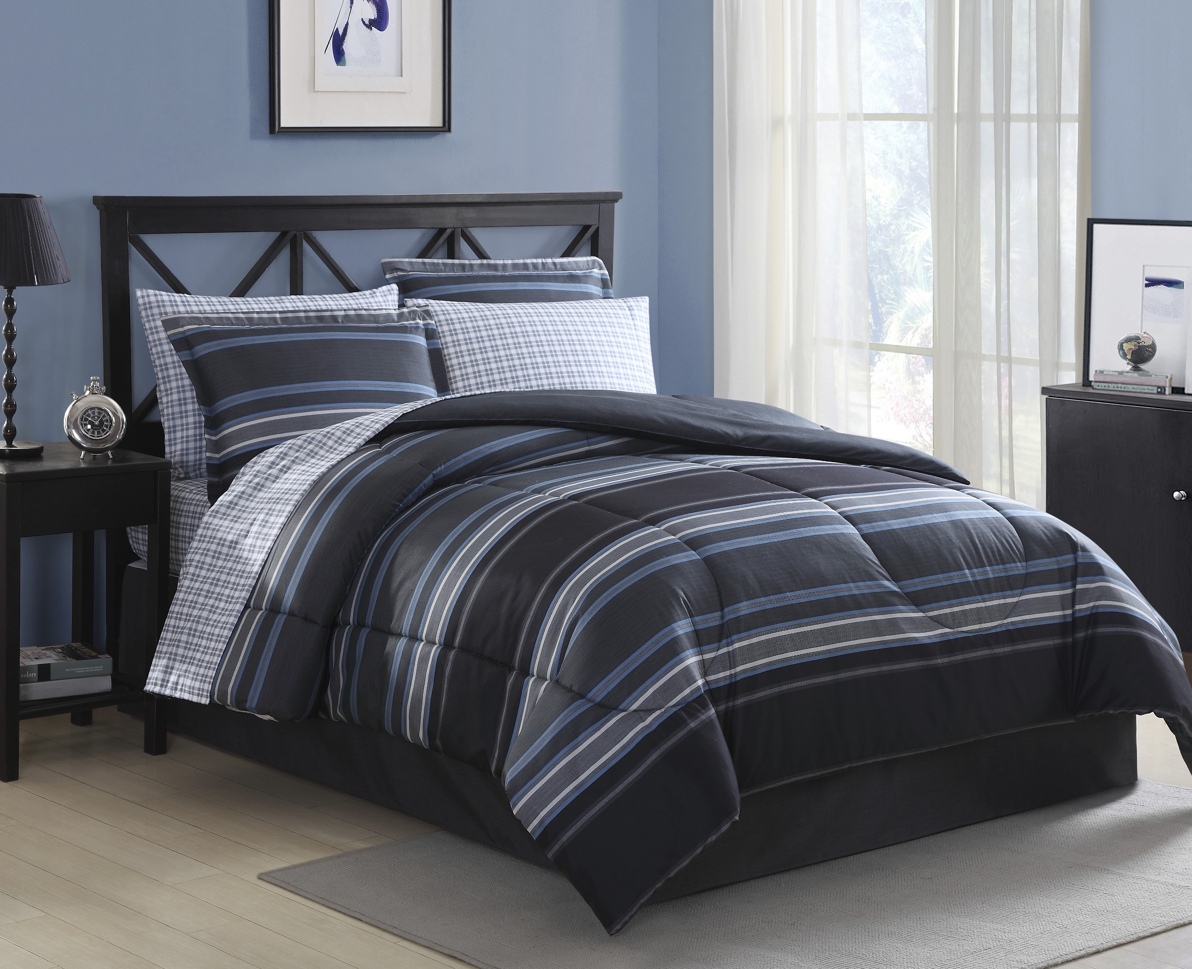 Essential Home Complete Bedding Set - Gray/Blue Stripe
