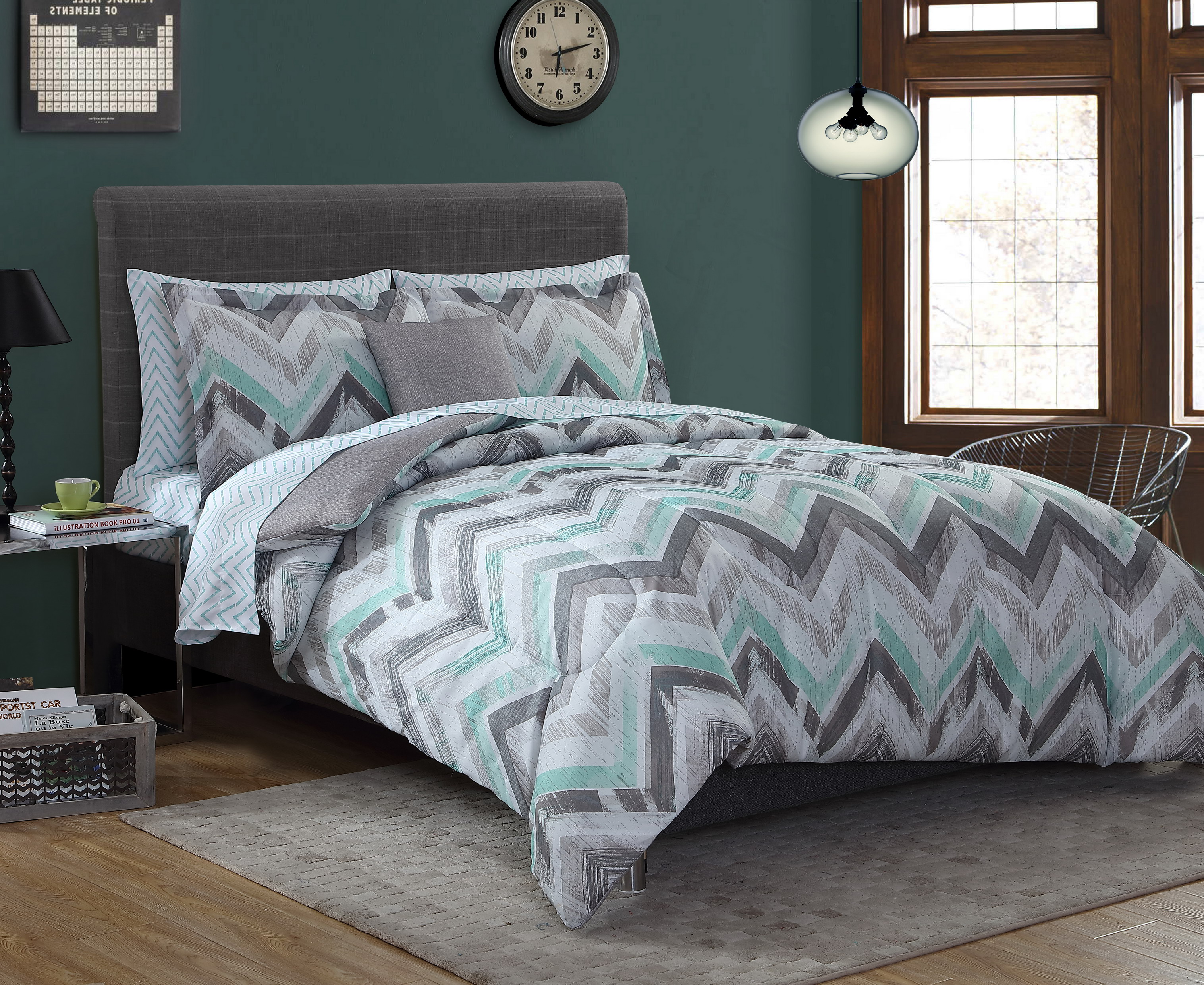 Essential Home Complete Bed Set - Chevron Gray Mint