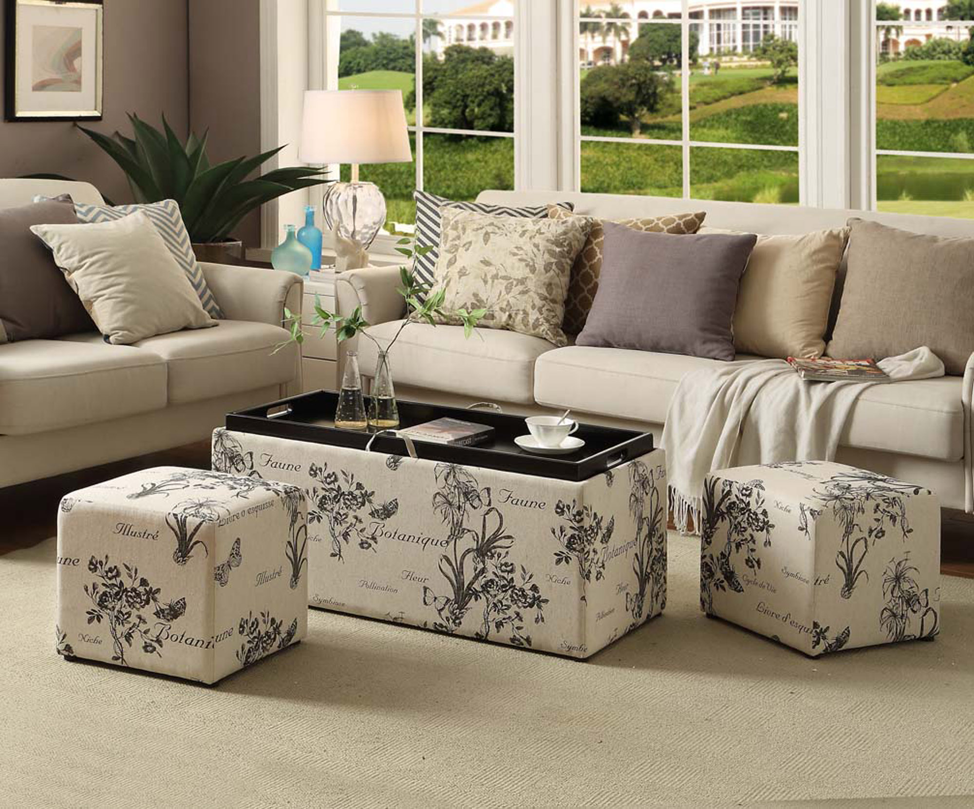 Convenience Concepts Sheridan Storage Bench W 2 Side Ottomans