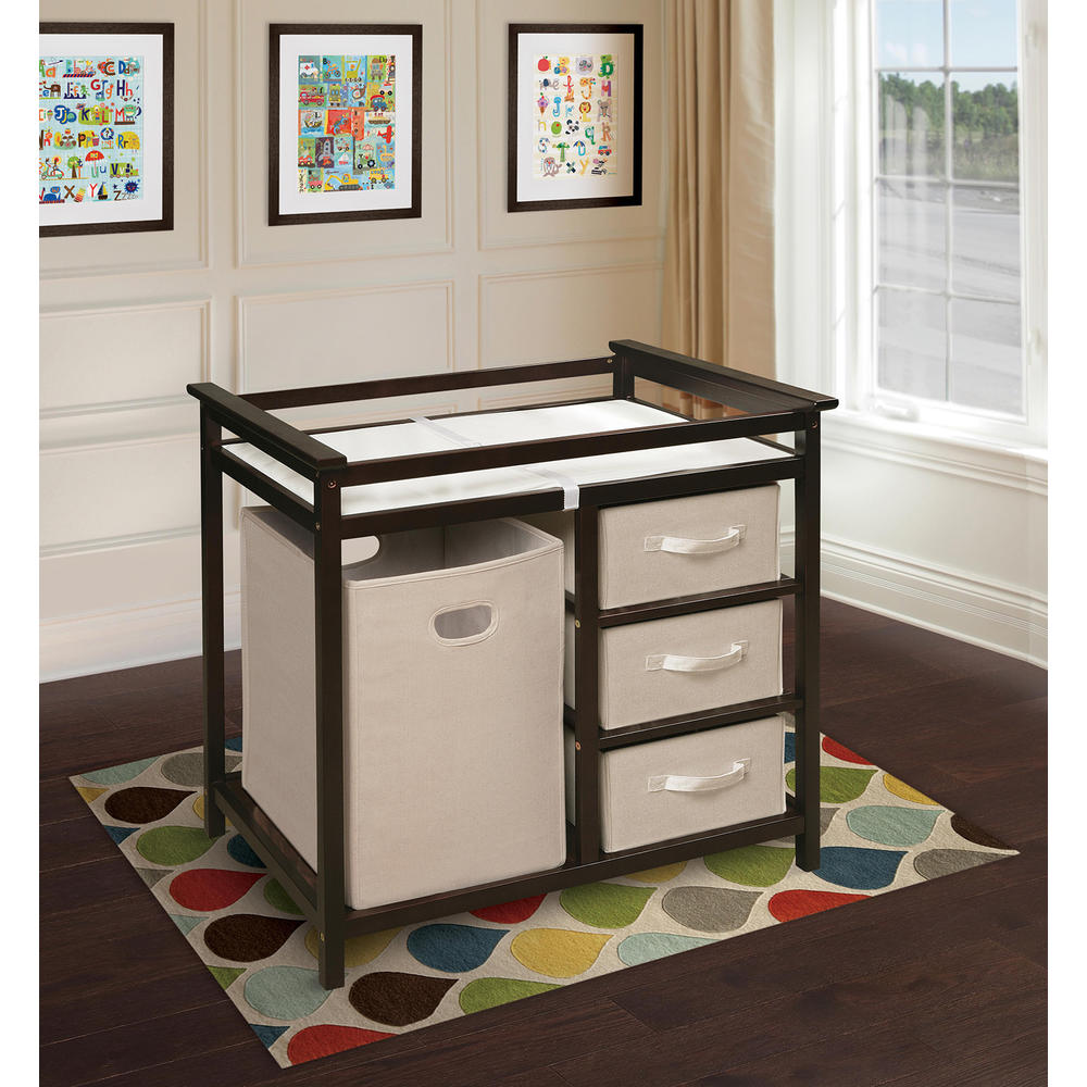 Badger Basket Espresso Modern Changing Table with 3 Baskets and Hamper