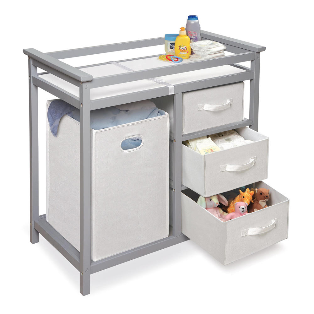 Badger Basket Modern Changing Table with 3 White Baskets and Hamper Gray