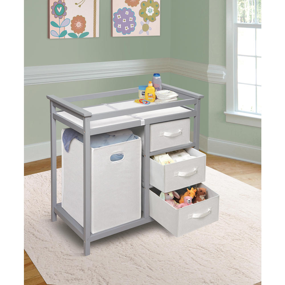 Badger Basket Modern Changing Table with 3 White Baskets and Hamper Gray