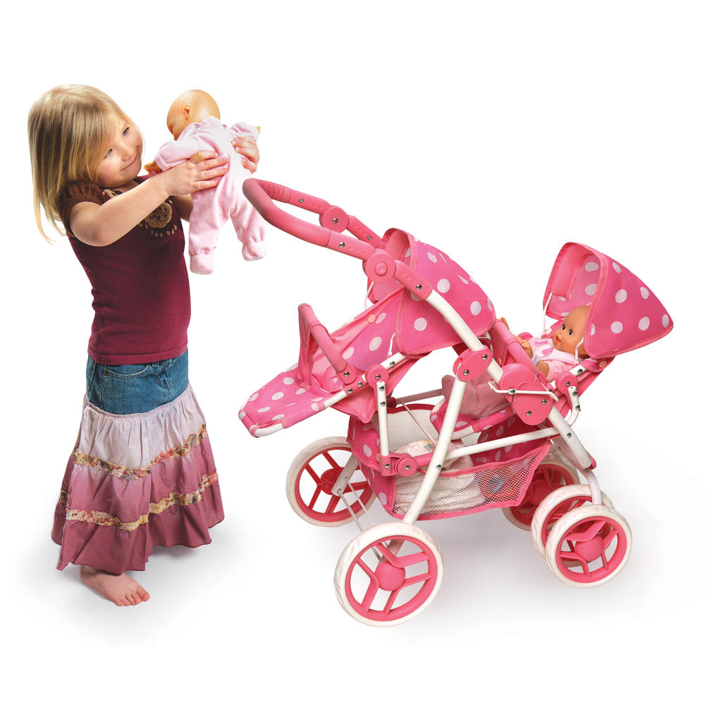 Badger Basket Polka Dot Reversible Double Doll Stroller Pink