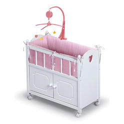 Badger Basket Cabinet Doll Crib with Gingham Bedding, Musical Mobile, Wheels, and Free Personalization Kit (fits American