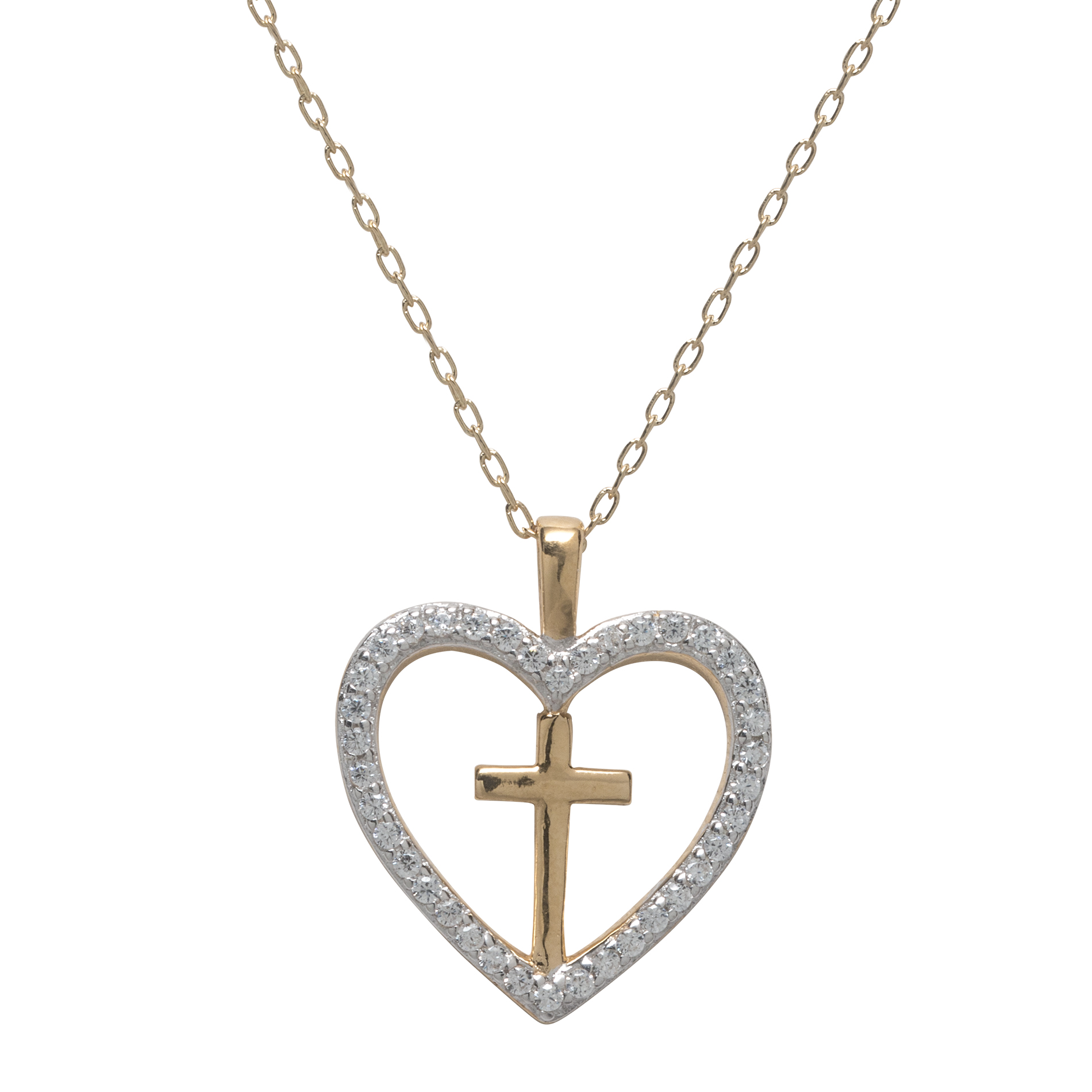 Cubic Zirconia Cross Heart Pendant Gold Over Silver