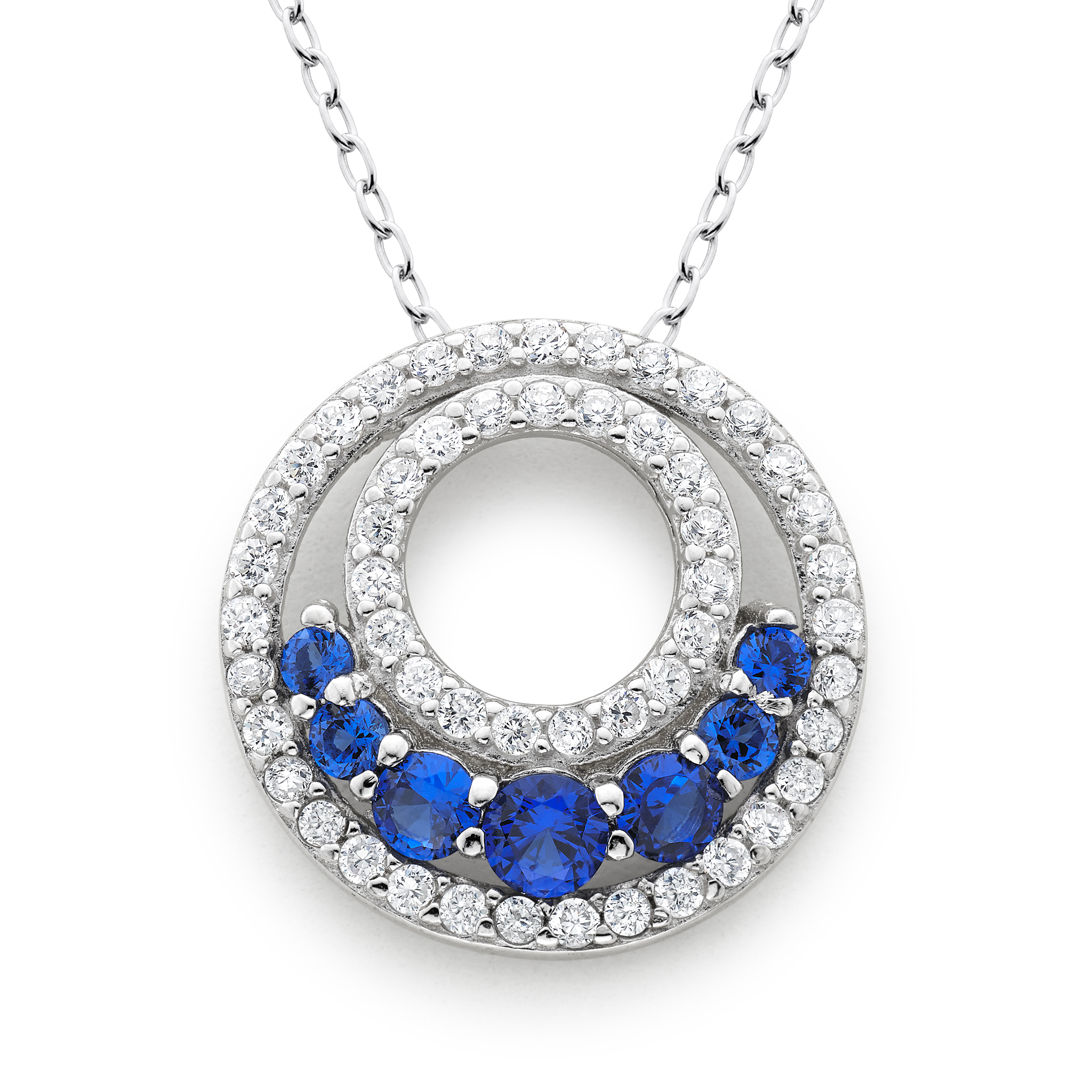 Sapphire Colored Cubic Zirconia Double Circle Pendant in