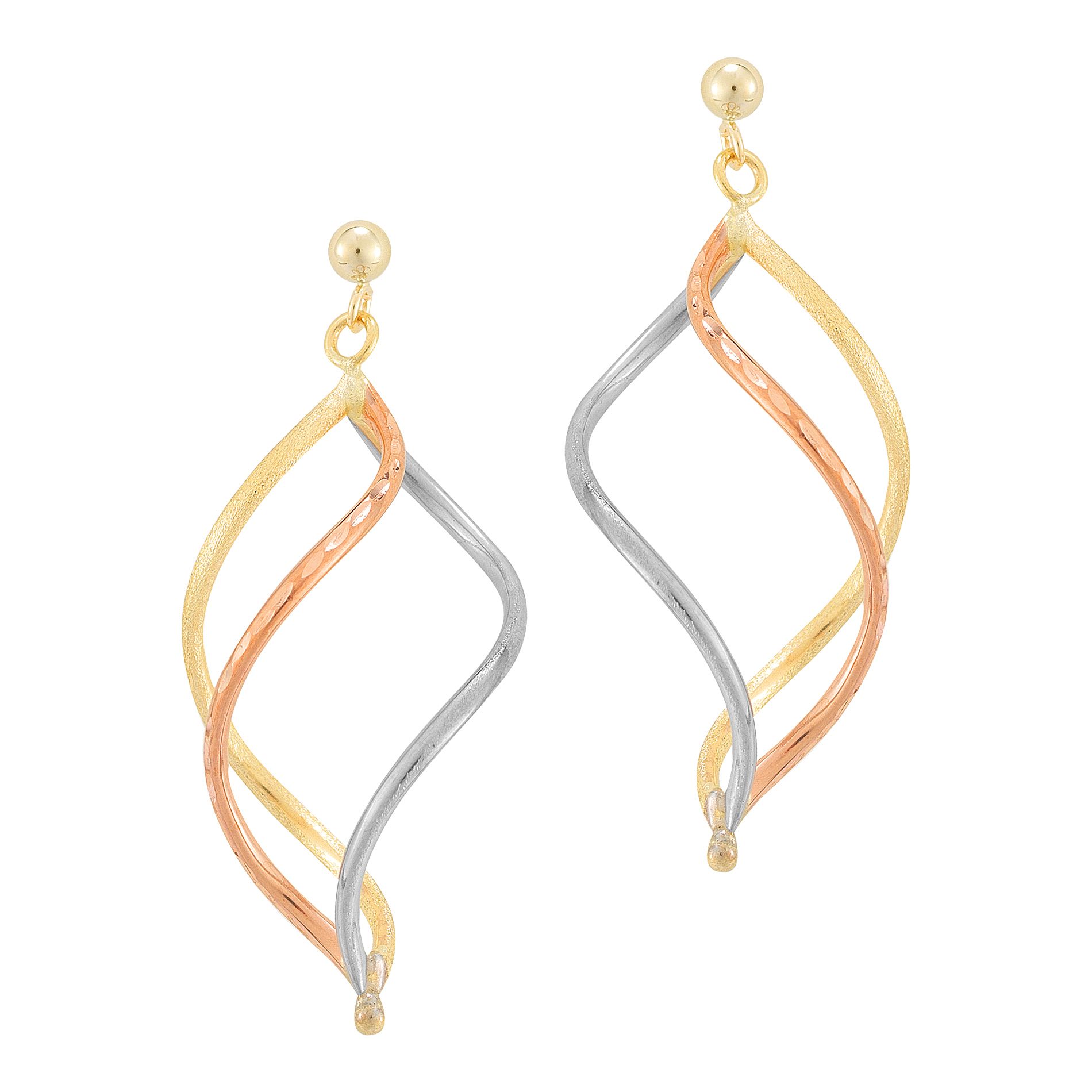 10Kt Gold 3 Strand Tricolor Twist Post Ball Dangle Earring