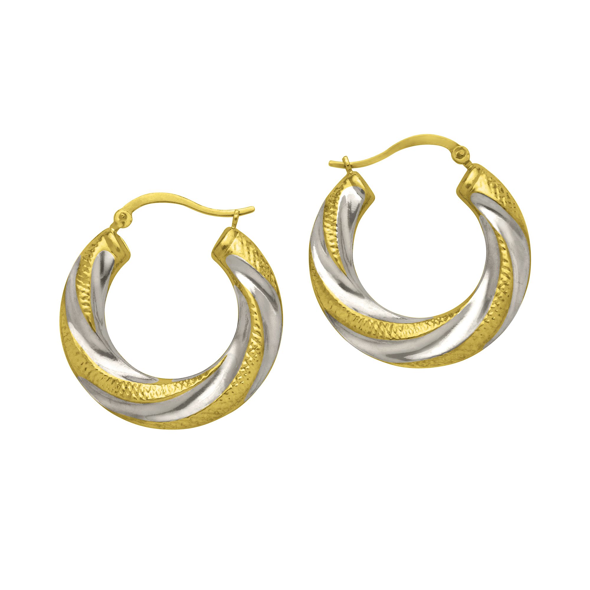 Polished and Textured Hoop Earrings in 10K Yellow-white Gold., Size: Large Polished and Textured Hoop Earrings in 10K Yellow-white Gold., Size: Large