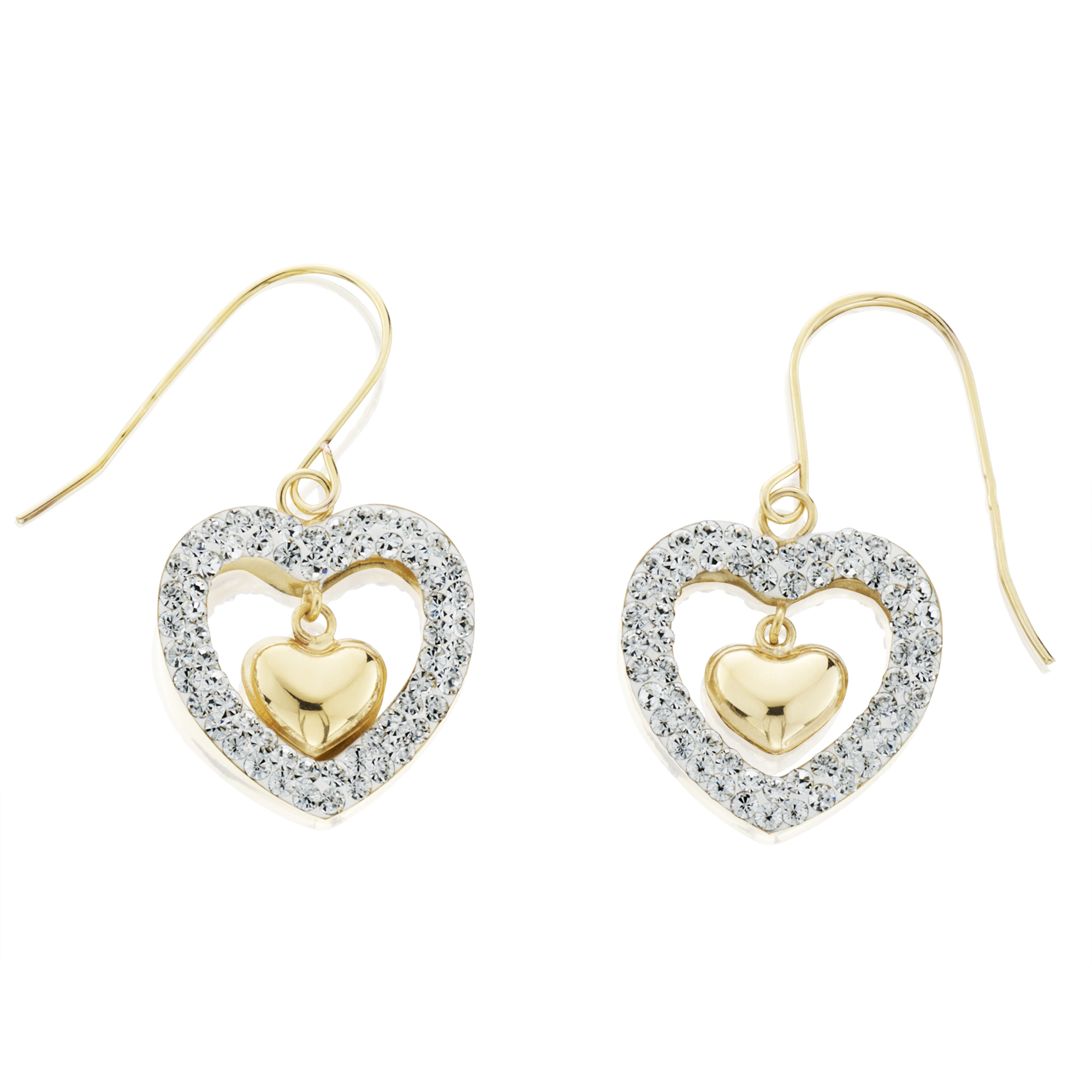 10K Yellow Gold Crystal Heart Drop Earrings