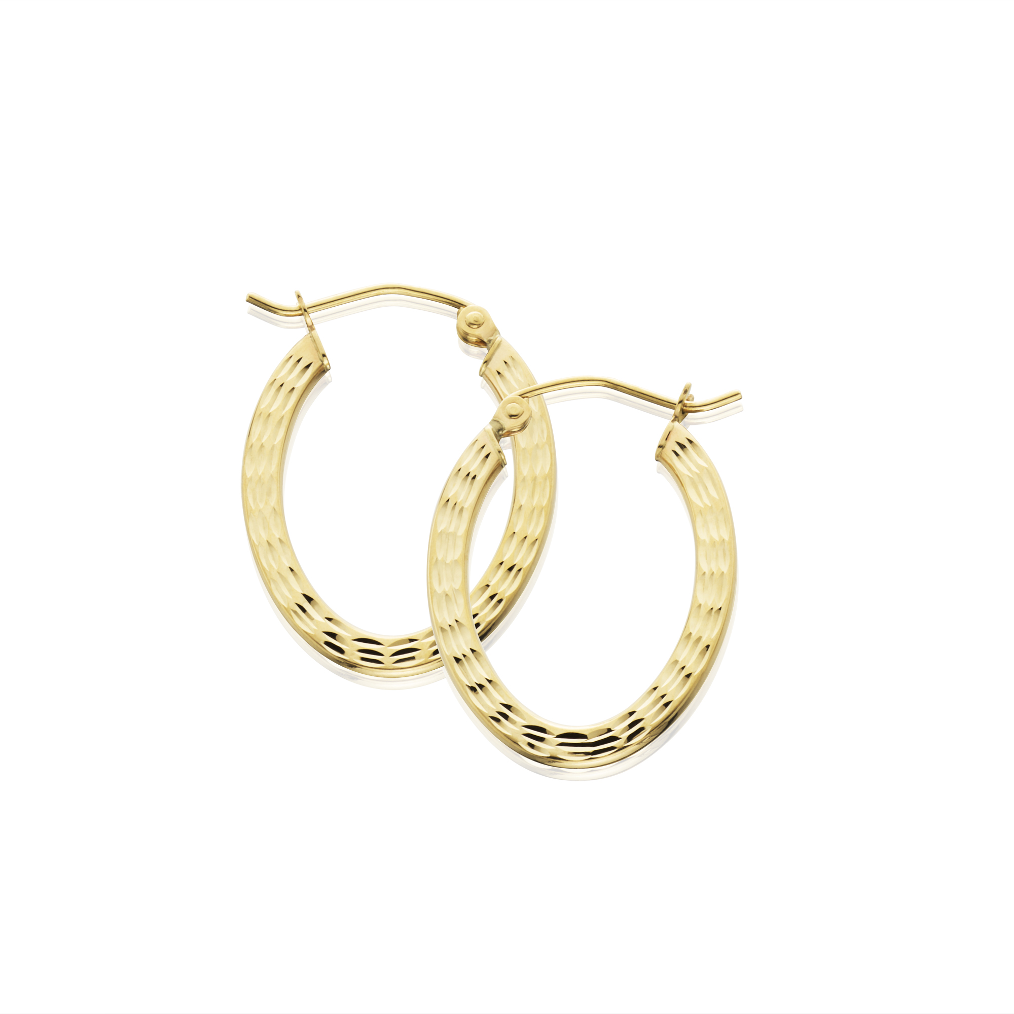 14KT Yellow Gold Diamond Cut Flat Oval Hoop Earrings