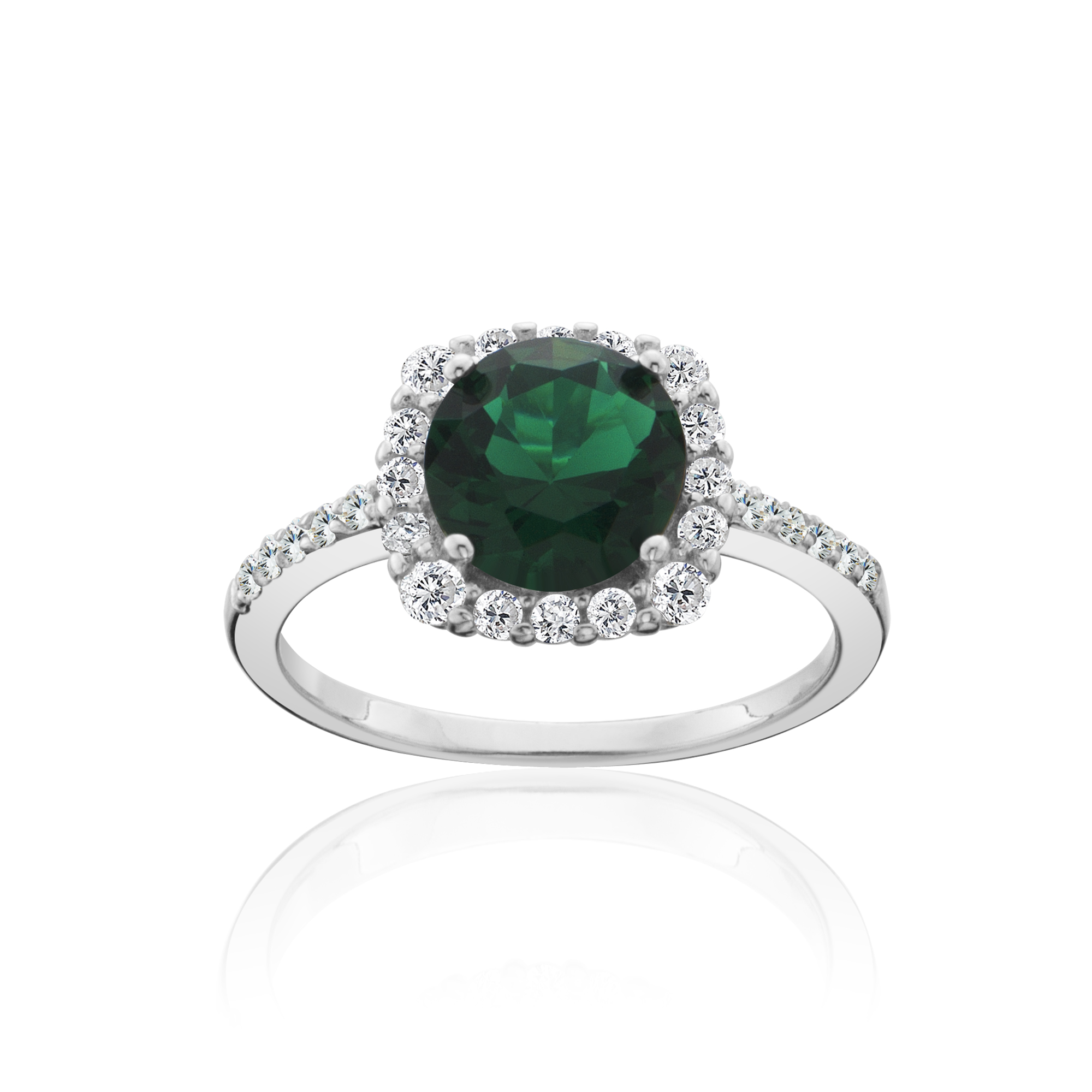 Halo Style Round Cut Simulated Emerald Ring Sterling Silver - Size 7 Only