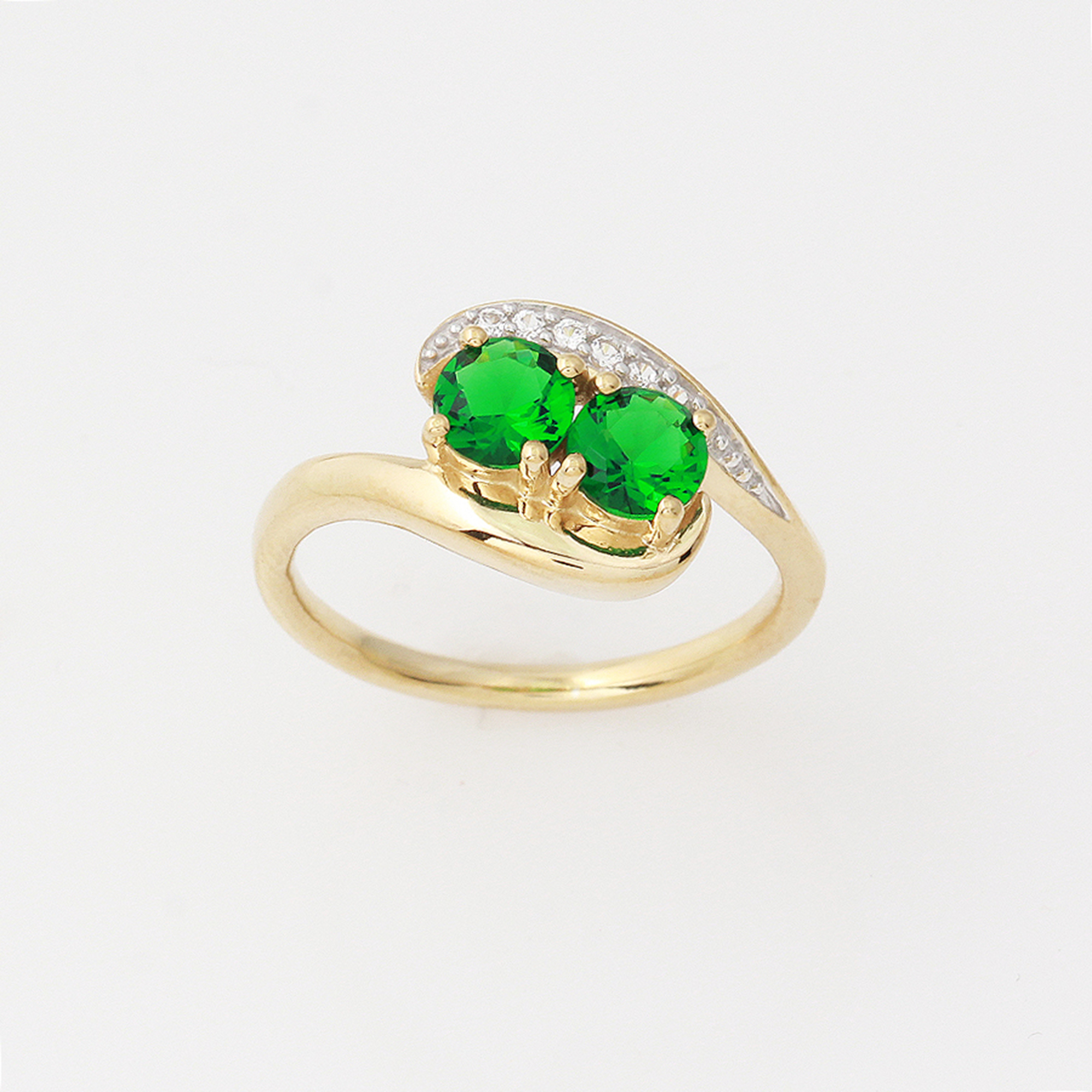 Gold Over Silver Two Stone Simulated Emerald Ring - Size 7 Only