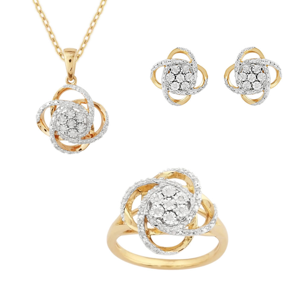 1/3Cttw. Diamond 3 Piece Pendant Earring & Ring Set Gold Over Silver