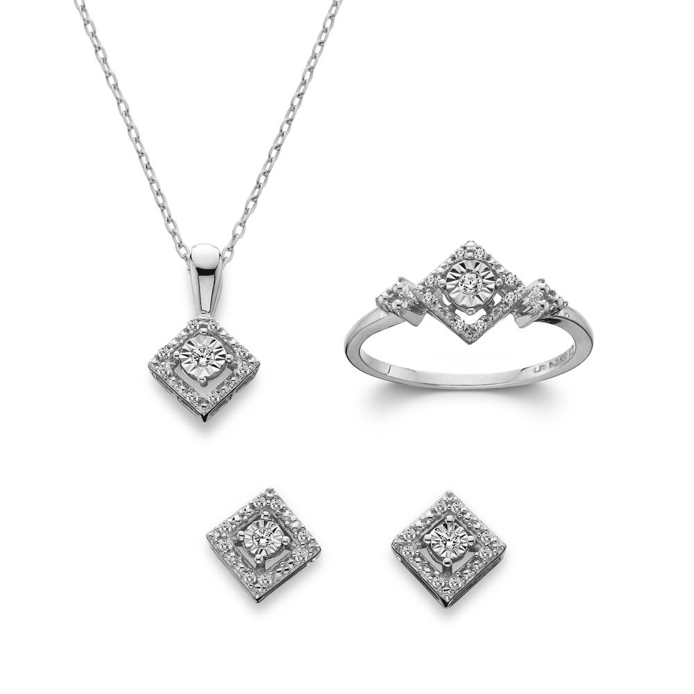 1/4Cttw. Diamond 3 Piece Pendant Earring & Ring Square Set Sterling Silver