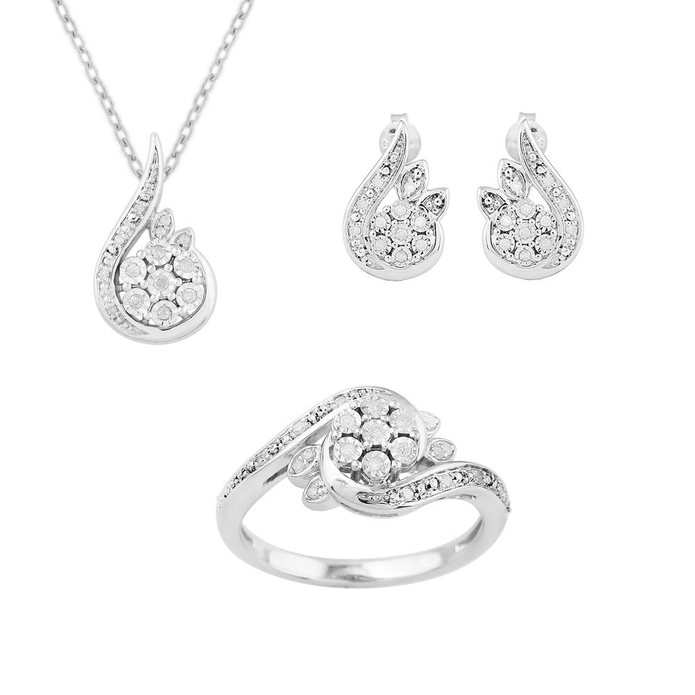 1/3Cttw. Diamond 3 Piece Pendant Earring & Ring Flower Set Sterling Silver