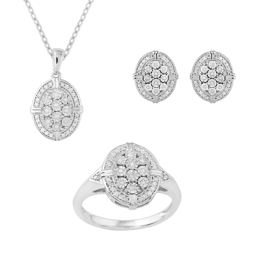 1/2Cttw. Diamond 3 Piece Pendant Earring & Ring Round Set Sterling Silver