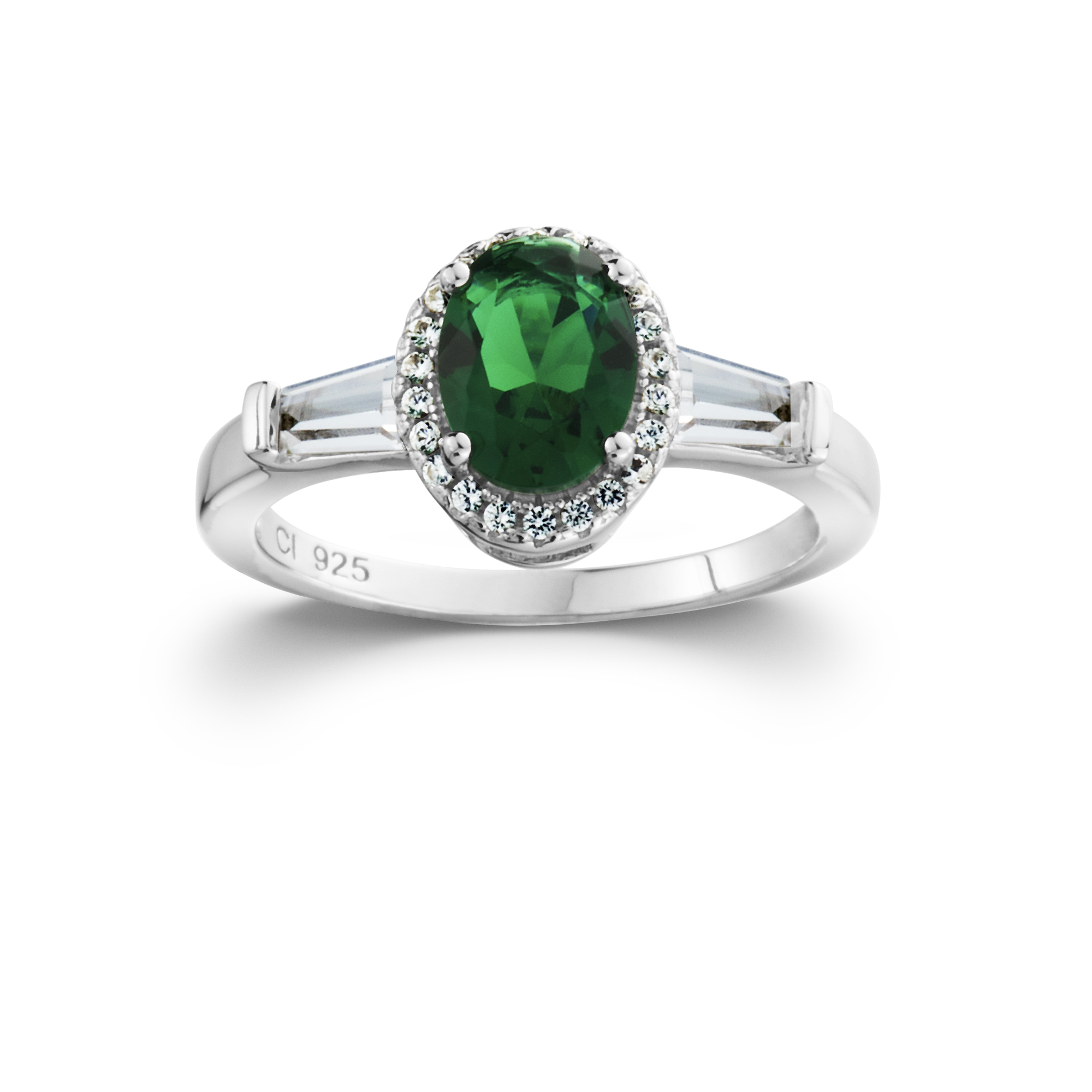 Sterling Silver Oval Halo Simulated Emerald Ring