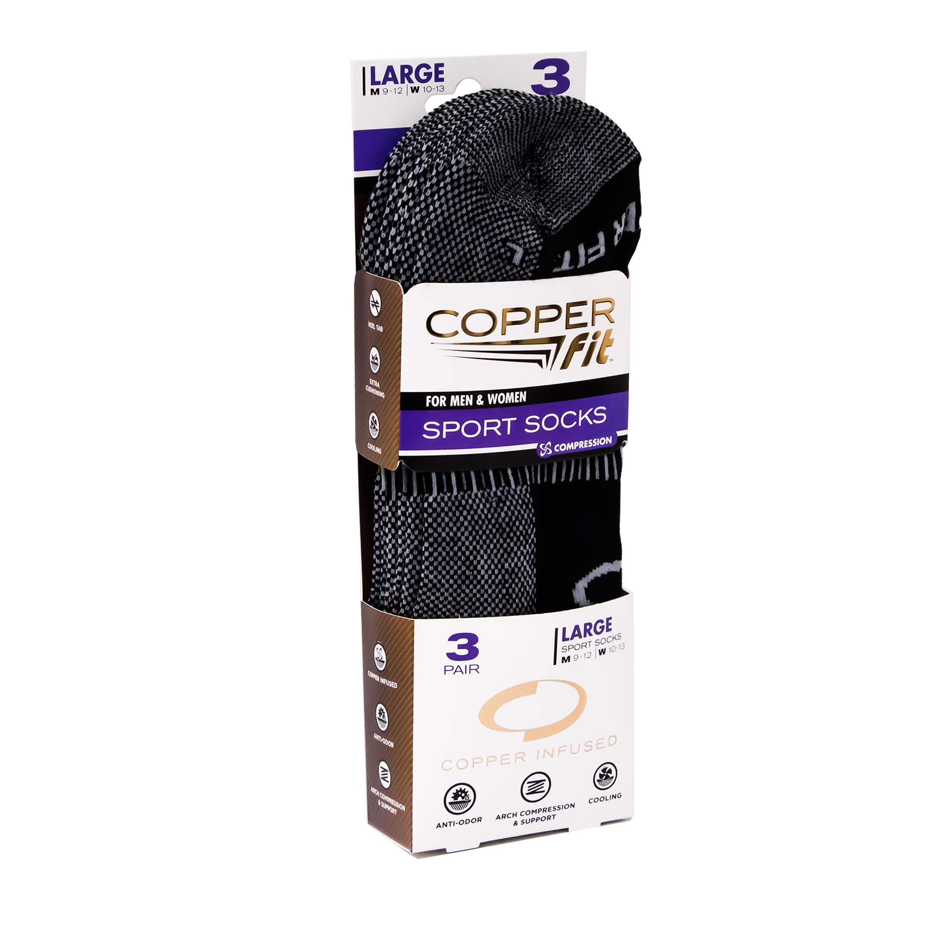 As Seen On TV Copper Fit 3pack Sport Socks Black