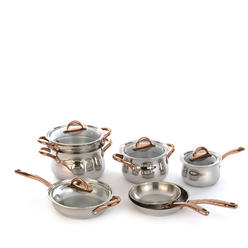 BergHOFF 11 Piece Ouro Cookware Set with Gold Handles and Glass Lids, Silver/Rose