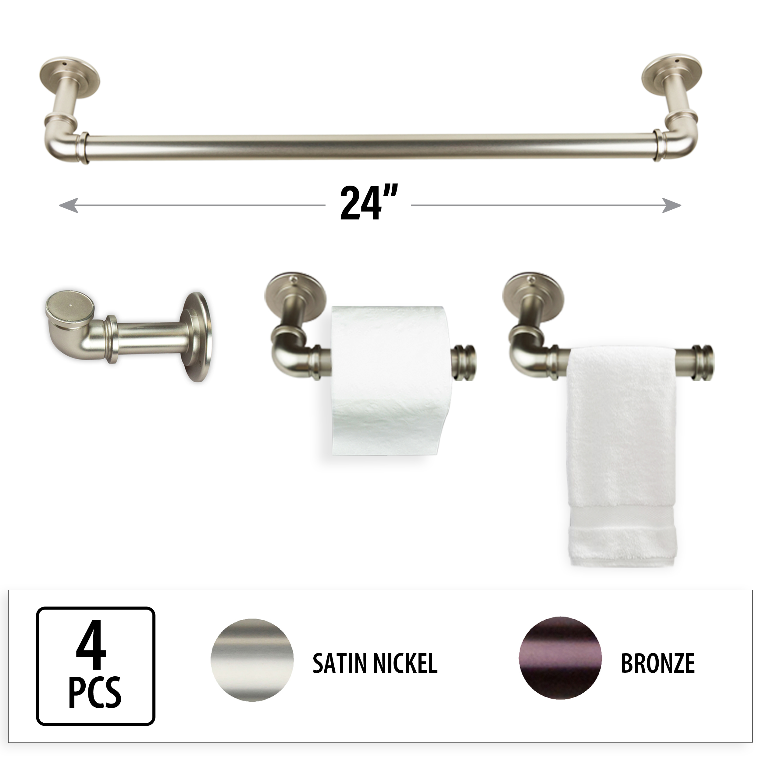 Cambridge & Co. Industrial Pipe Design 4-Piece Bathroom Accessories Set - Satin Nickel Cambridge & Co. Industrial Pipe Design 4-Piece Bathroom Accessories Set - Satin Nickel