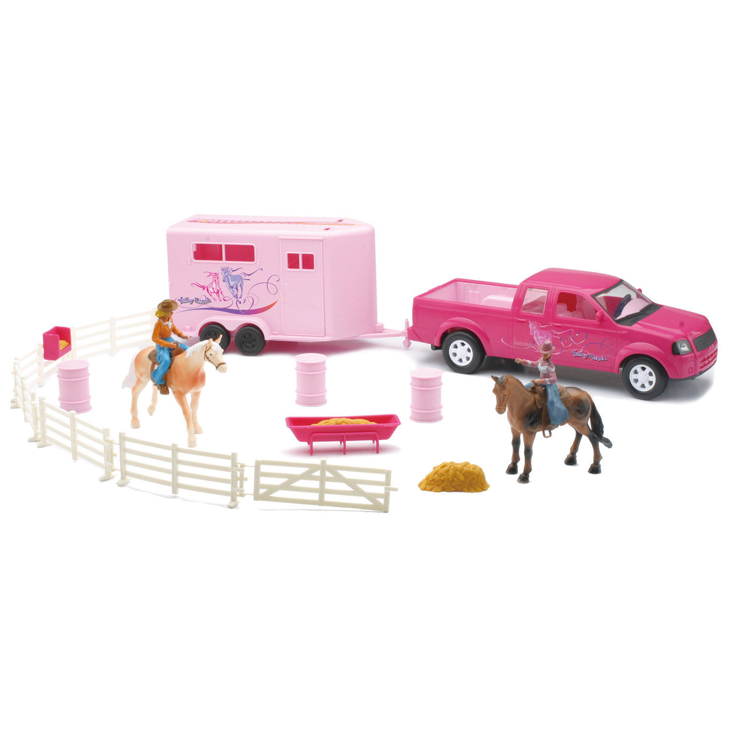 New-Ray Pink Pick Up Truck & Trailer Horse Set