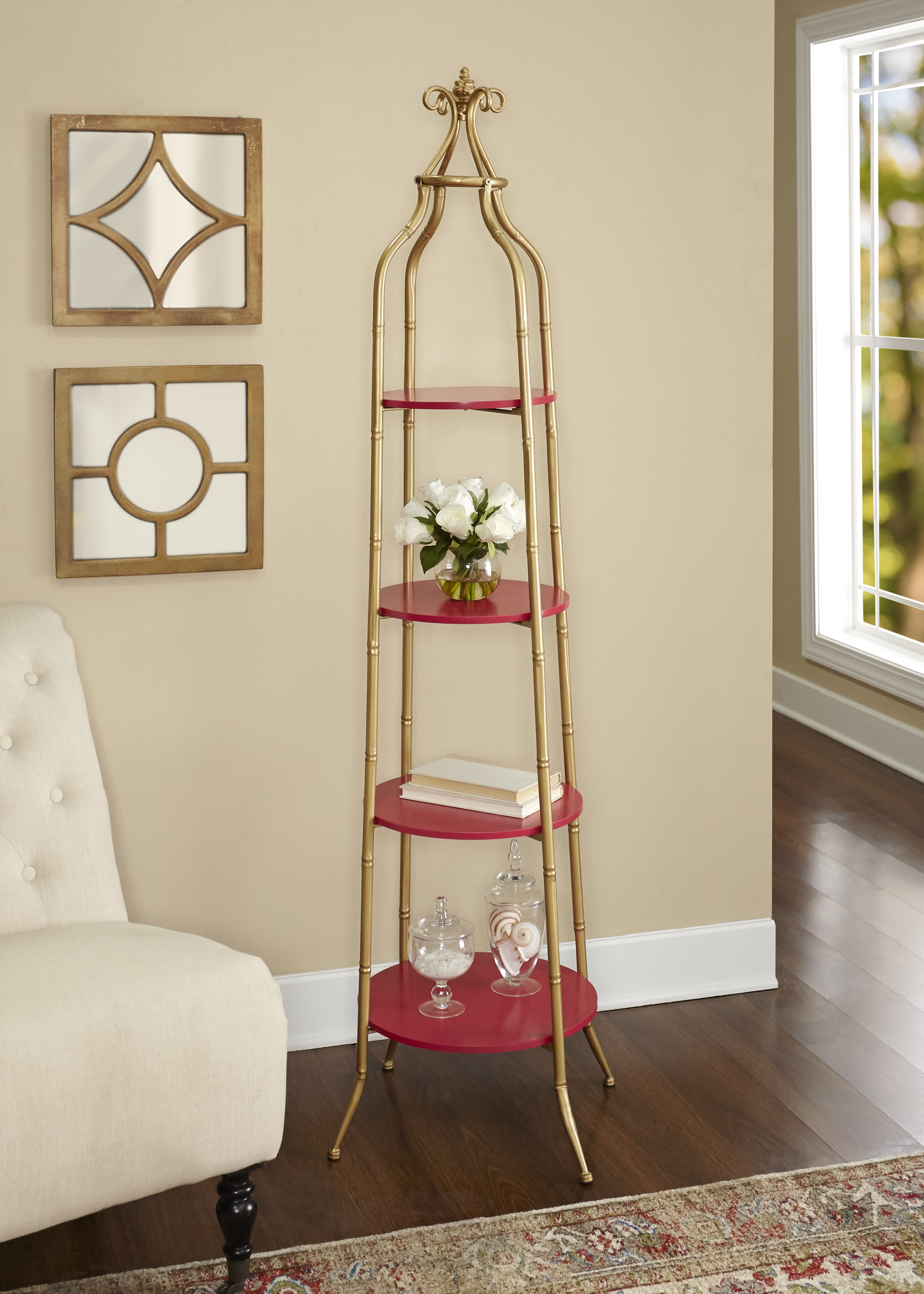 Linon Regency Metal and Wood Cathedral Shelf, Red Linon Regency Metal and Wood Cathedral Shelf, Red