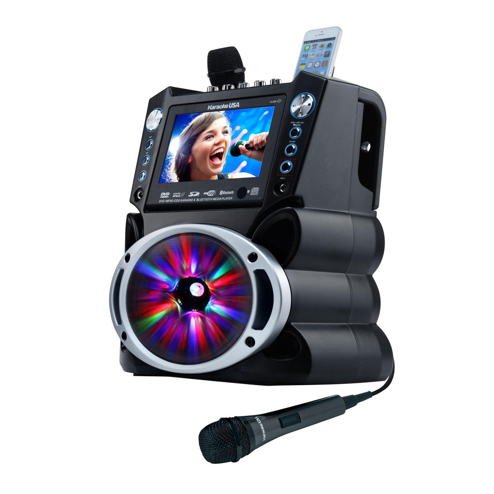 Karaoke USA DVD/CD+G/MP3+G Karaoke System with 7 Inch TFT Color Screen, Record, Bluetooth and LED Sync Lights