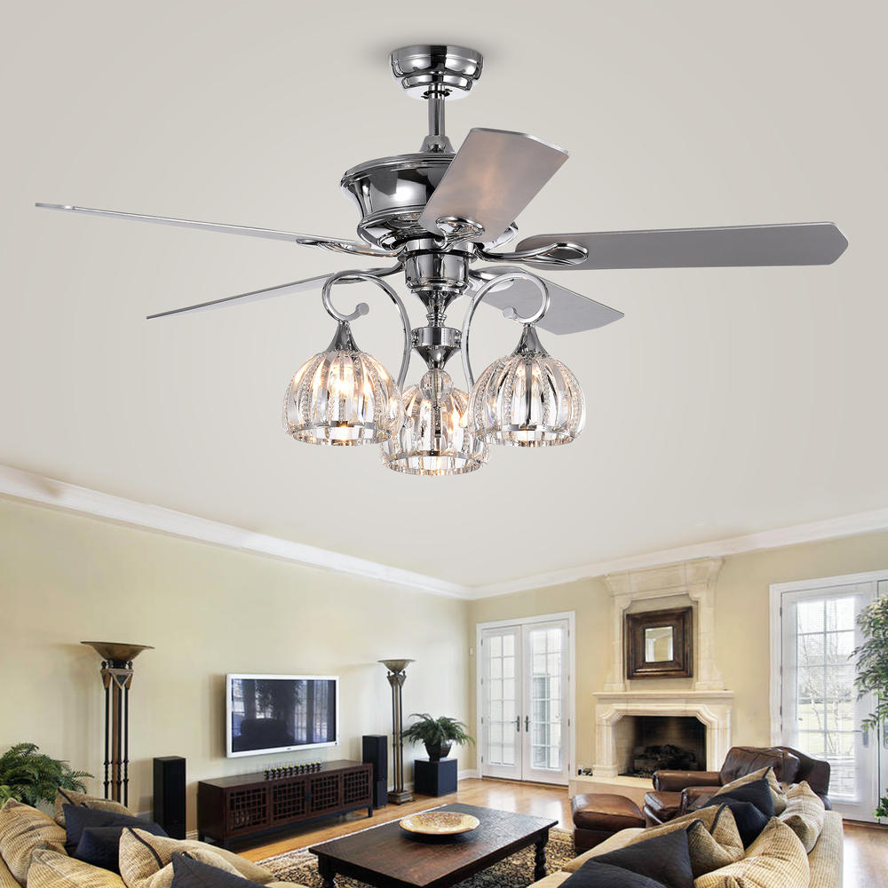 Warehouse of Tiffany CFL-8332REMO Mavyn 5-Blade 52-Inch Chrome Ceiling Fan with 3-Light Crystal Chandelier