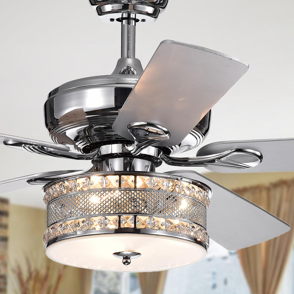 Warehouse of Tiffany CFL-8333CH Davrin 5-Blade 52-Inch Chrome Lighted Ceiling Fans with 3-Light Crystal Drum Lamp