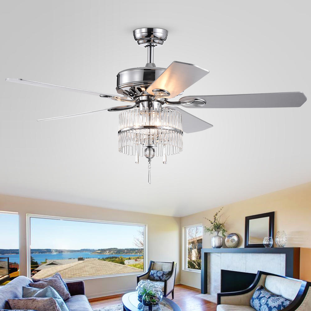 Warehouse of Tiffany CFL-8351REMO/CH Wyllow DeBase 52-Inch 5-Blade Chrome Lighted Ceiling Fans with Crystal Flutes Shade (Remote Controlled & 2 Color Option Blades)