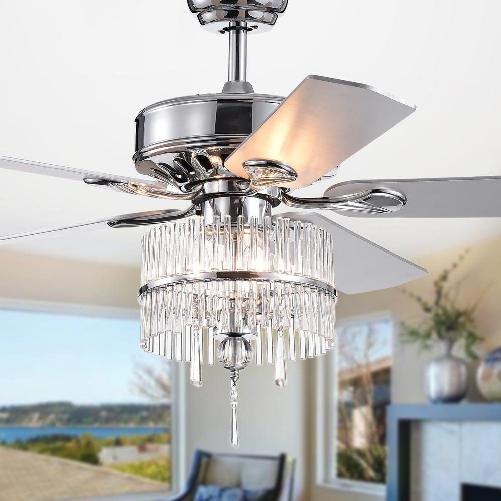 Warehouse of Tiffany CFL-8351REMO/CH Wyllow DeBase 52-Inch 5-Blade Chrome Lighted Ceiling Fans with Crystal Flutes Shade (Remote Controlled & 2 Color Option Blades)