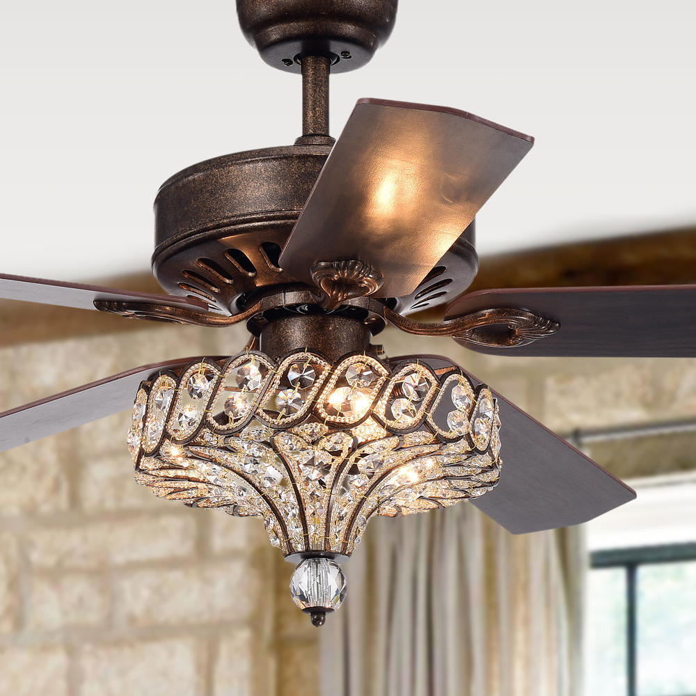 Warehouse of Tiffany CFL-8352REMO/RB Pilette 5-Blade Antique Speckled Bronze Lighted Ceiling Fan w Crystal Shade Optional Remote Control (incl 2 Color Choice Blades)