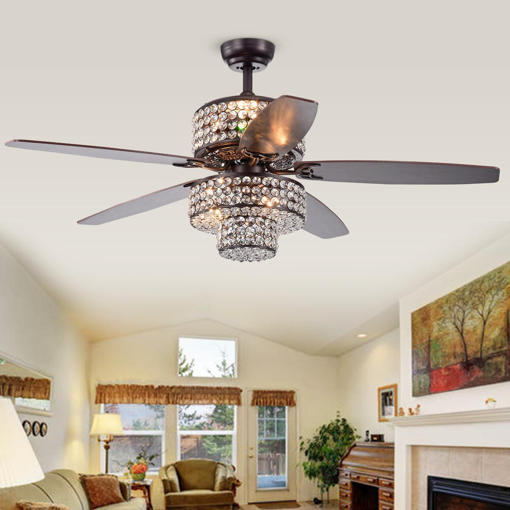 Warehouse of Tiffany CFL-8340REMO Tierna 5-Blade 52-Inch Rustic Bronze Lighted Ceiling Fans Two-Tiered Crystal Shade Optional Remote (incl 2 Color Option Blades)