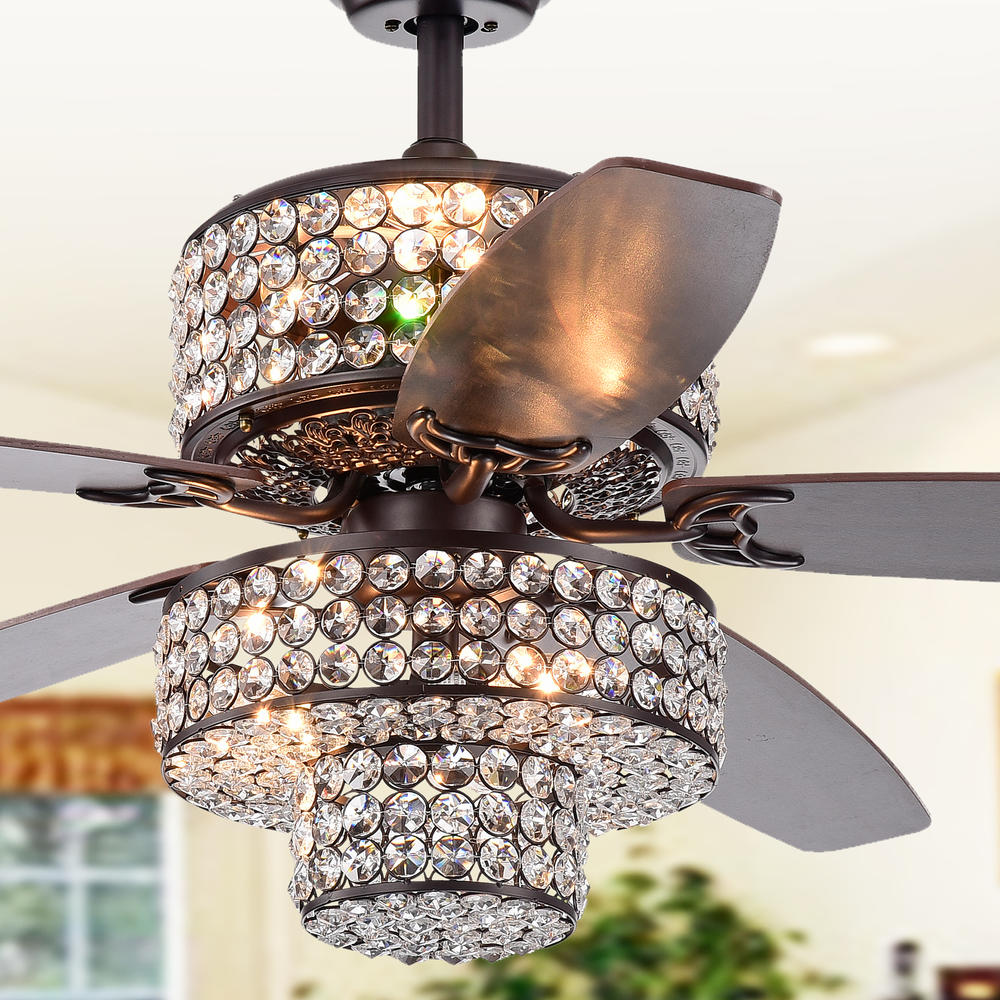Warehouse of Tiffany CFL-8340REMO Tierna 5-Blade 52-Inch Rustic Bronze Lighted Ceiling Fans Two-Tiered Crystal Shade Optional Remote (incl 2 Color Option Blades)